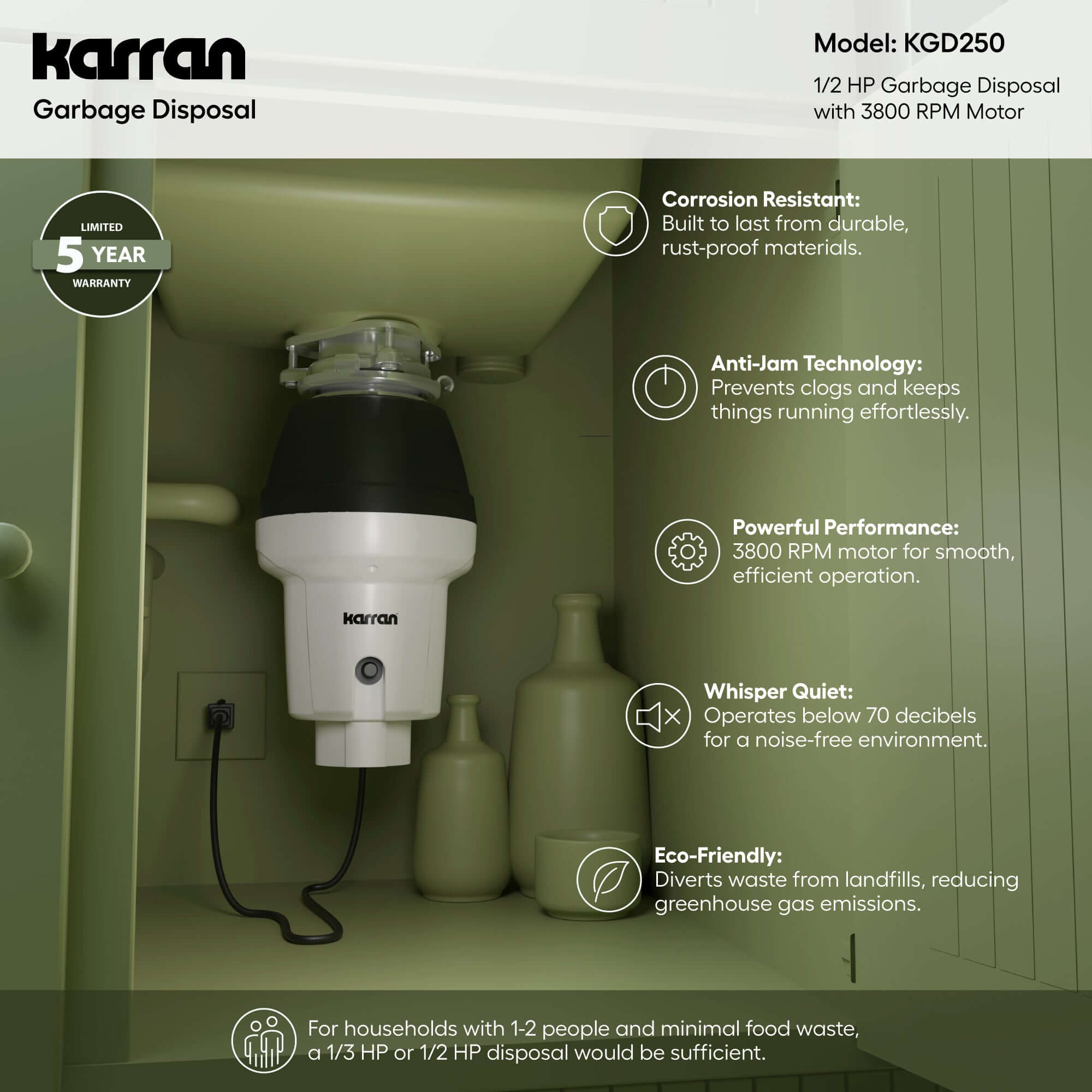 Alternate Image for Karran 1/2 HP Continuous Feed Garbage Disposal for Kitchen Sinks with Power Cord and Accessories Included, Stainless Steel, Black and Grey, KGD250