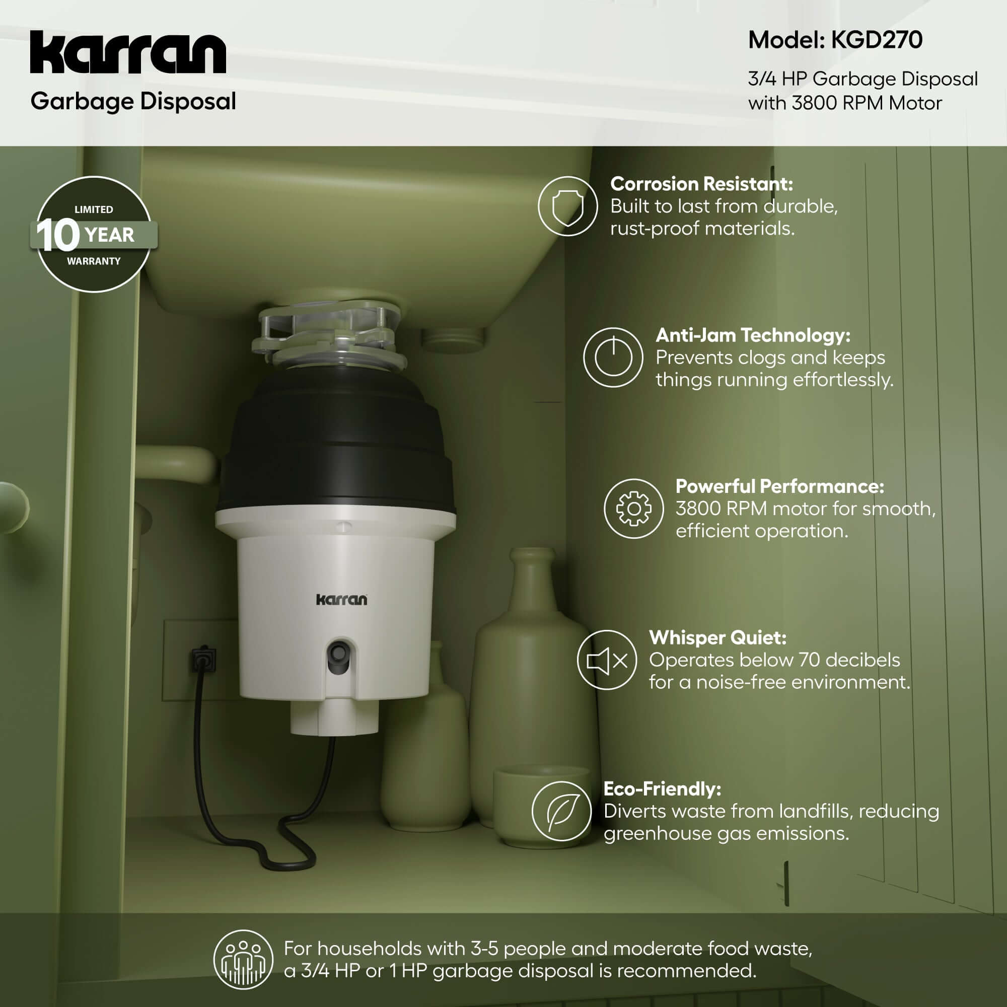 Alternate Image for Karran 3/4 HP Continuous Feed Garbage Disposal for Kitchen Sinks with Power Cord and Accessories Included, Stainless Steel, Black and Grey, KGD270