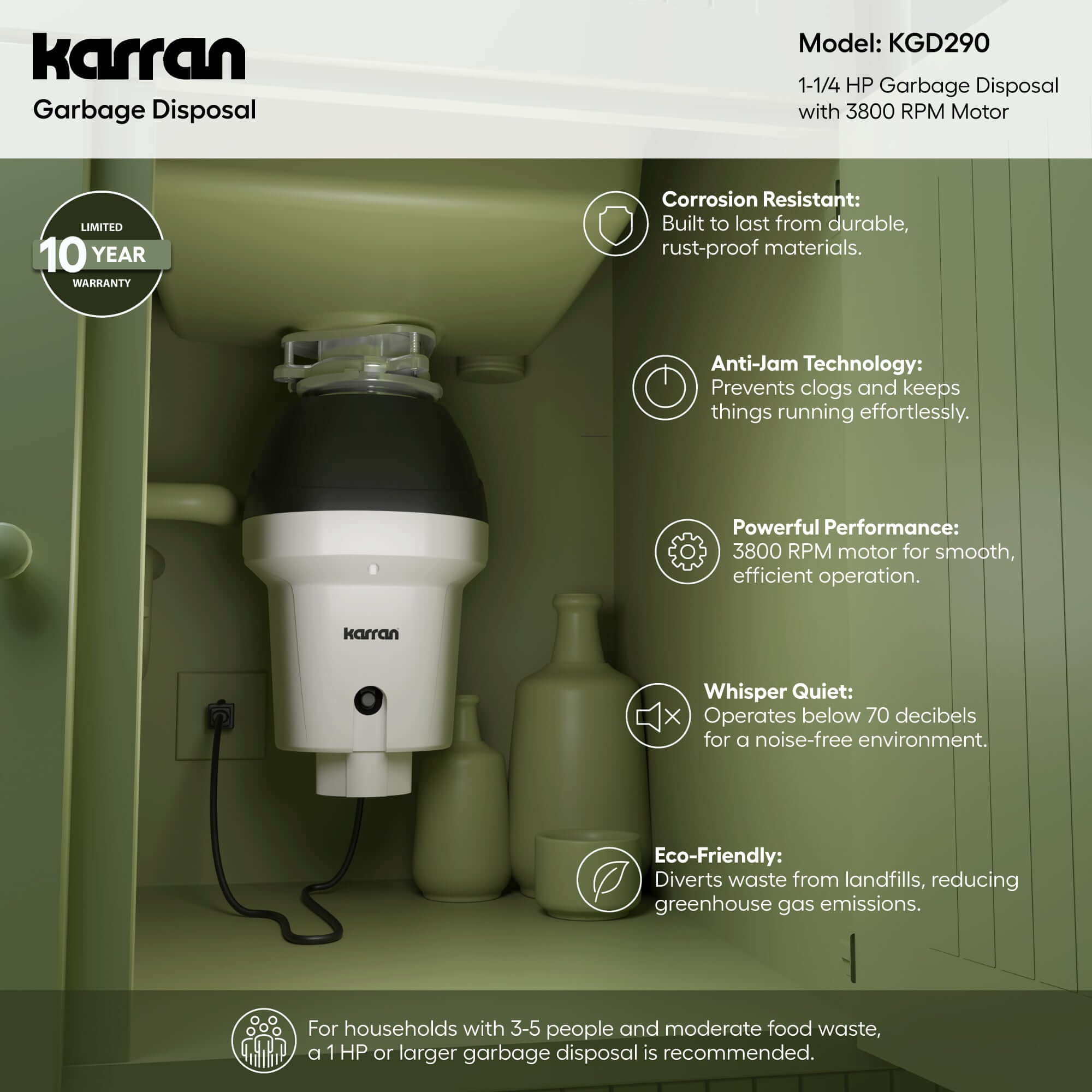 Alternate Image for Karran 1-1/4 HP Continuous Feed Garbage Disposal for Kitchen Sinks with Power Cord and Accessories included, Stainless Steel, Black and Grey, KGD290