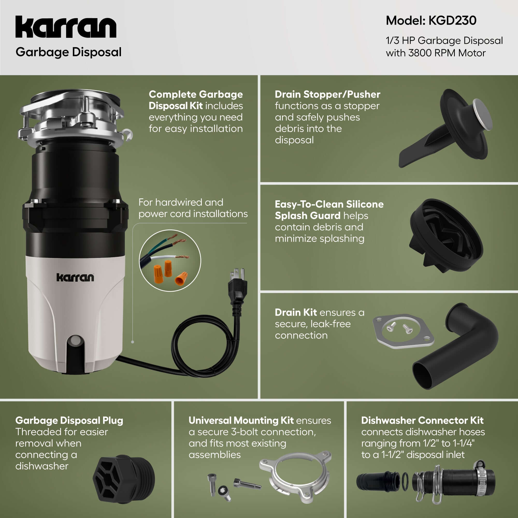 Alternate Image for Karran 1/3 HP Continuous Feed Garbage Disposal for Kitchen Sinks with Power Cord and Accessories Included, Stainless Steel, Black and Grey, KGD230