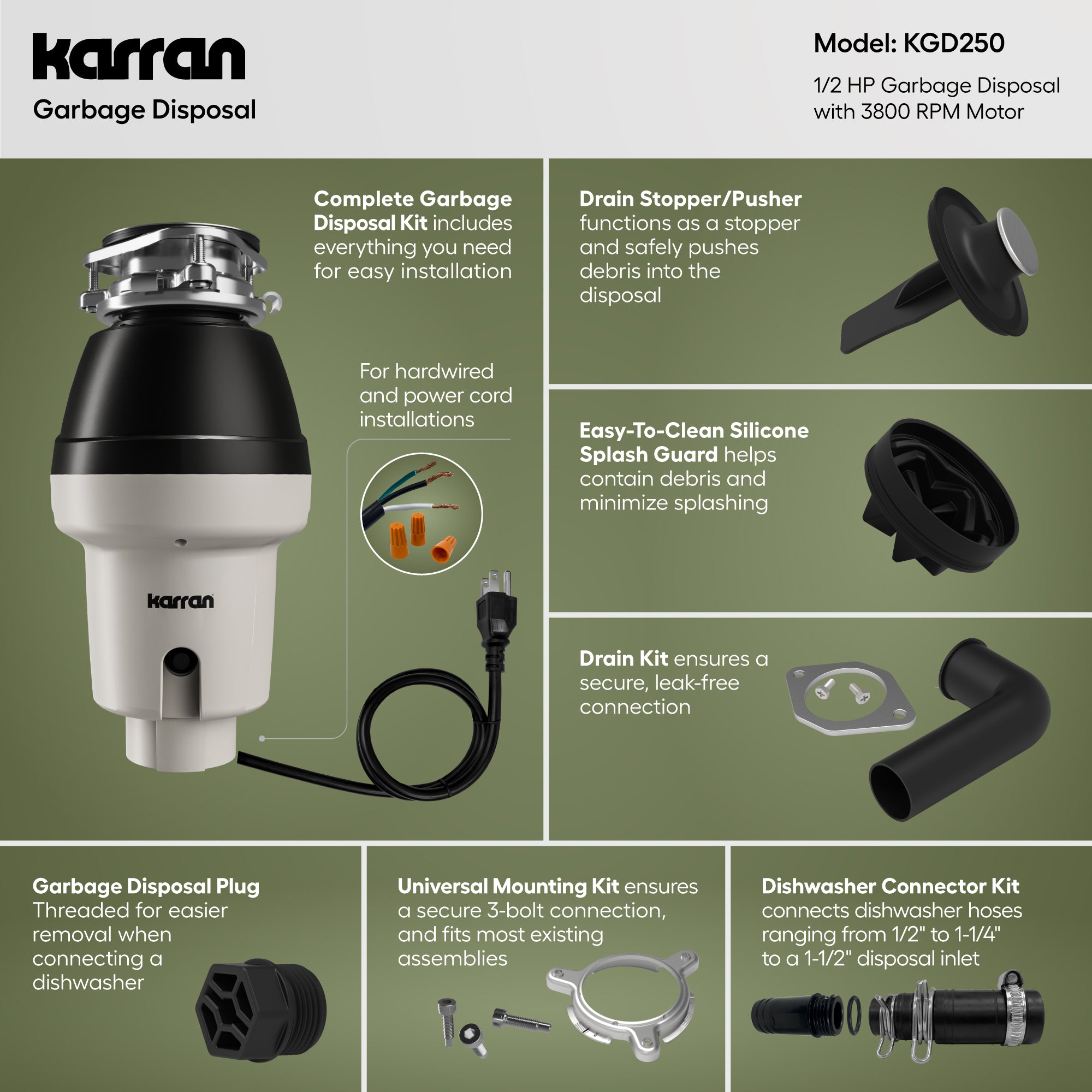 Alternate Image for Karran 1/2 HP Continuous Feed Garbage Disposal for Kitchen Sinks with Power Cord and Accessories Included, Stainless Steel, Black and Grey, KGD250