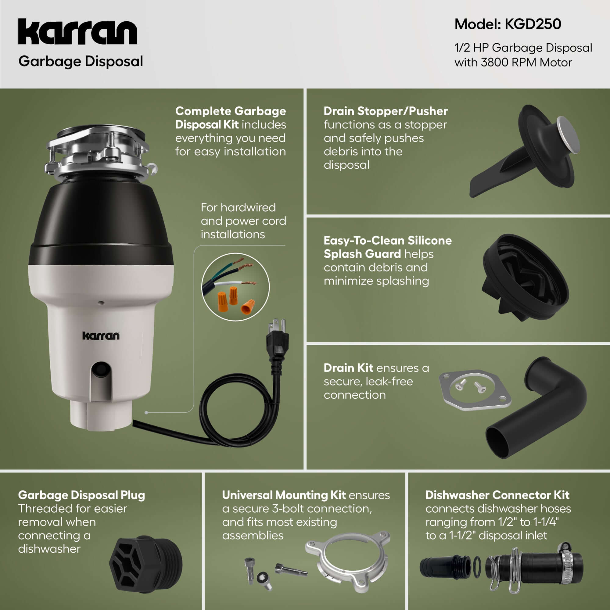 Alternate Image for Karran 1/2 HP Continuous Feed Garbage Disposal for Kitchen Sinks with Power Cord and Accessories Included, Stainless Steel, Black and Grey, KGD250