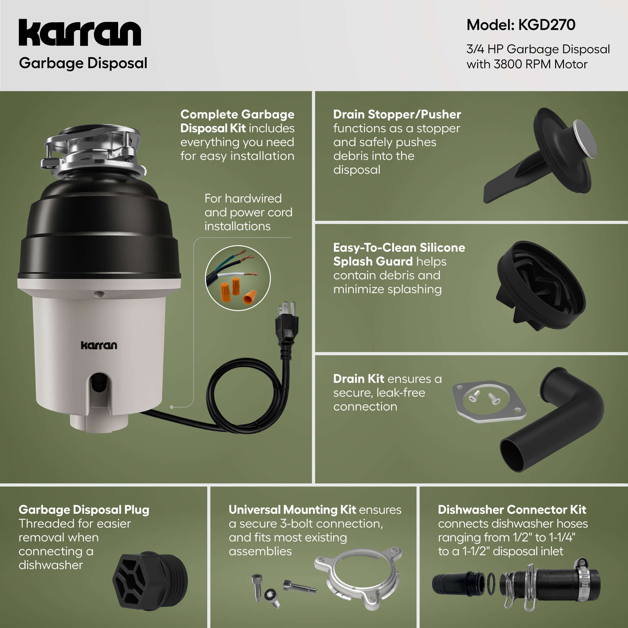 Alternate Image for Karran 3/4 HP Continuous Feed Garbage Disposal for Kitchen Sinks with Power Cord and Accessories Included, Stainless Steel, Black and Grey, KGD270
