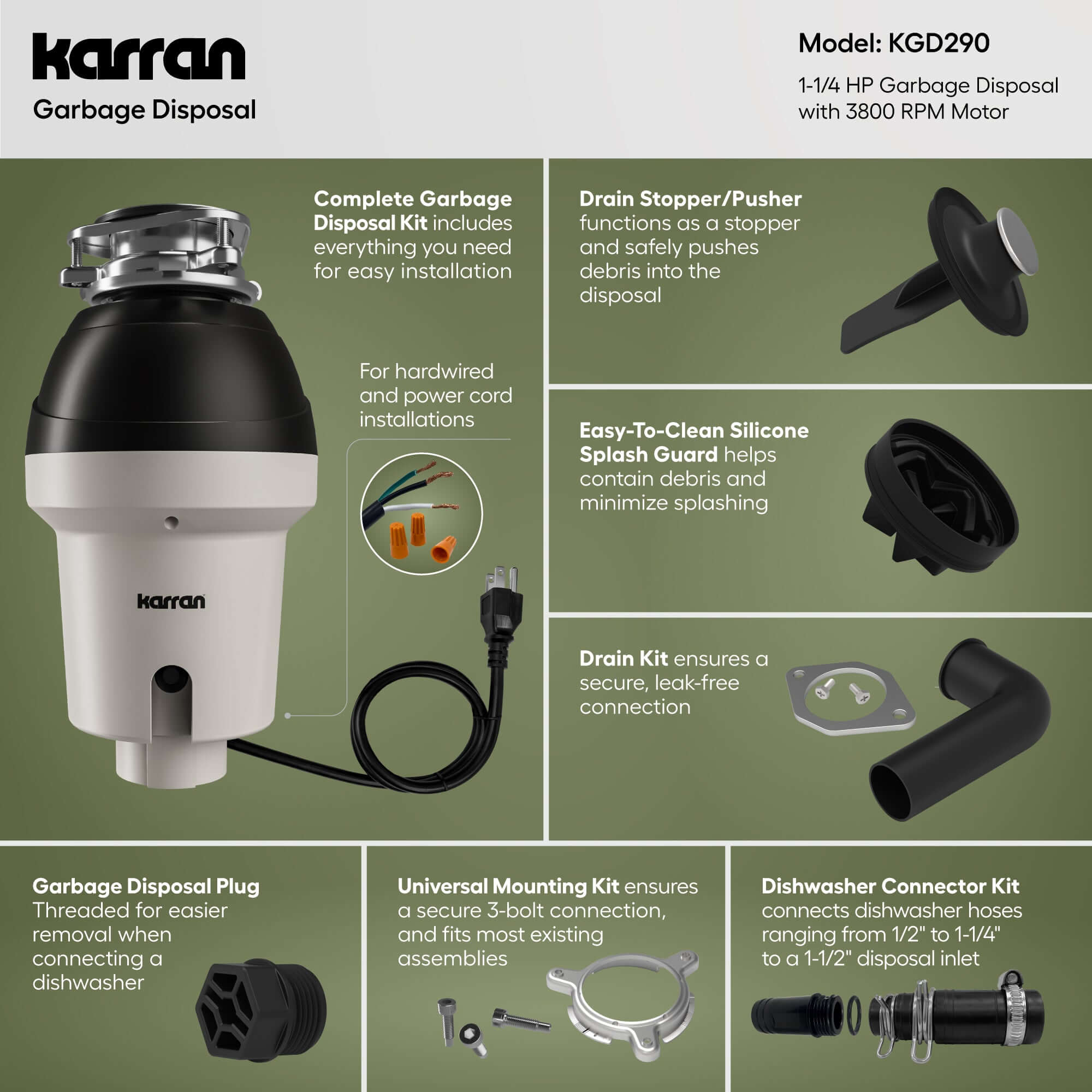 Alternate Image for Karran 1-1/4 HP Continuous Feed Garbage Disposal for Kitchen Sinks with Power Cord and Accessories included, Stainless Steel, Black and Grey, KGD290