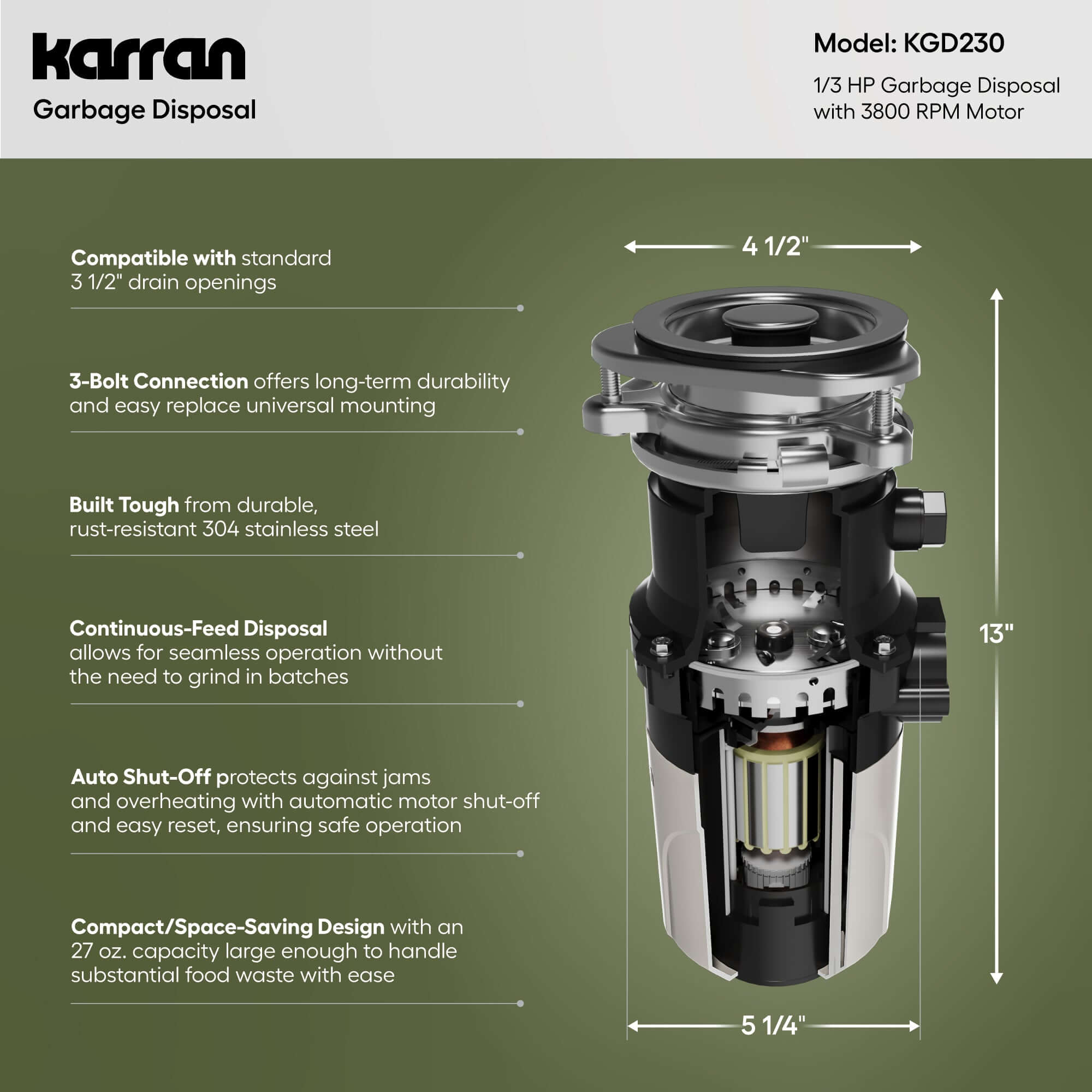 Alternate Image for Karran 1/3 HP Continuous Feed Garbage Disposal for Kitchen Sinks with Power Cord and Accessories Included, Stainless Steel, Black and Grey, KGD230
