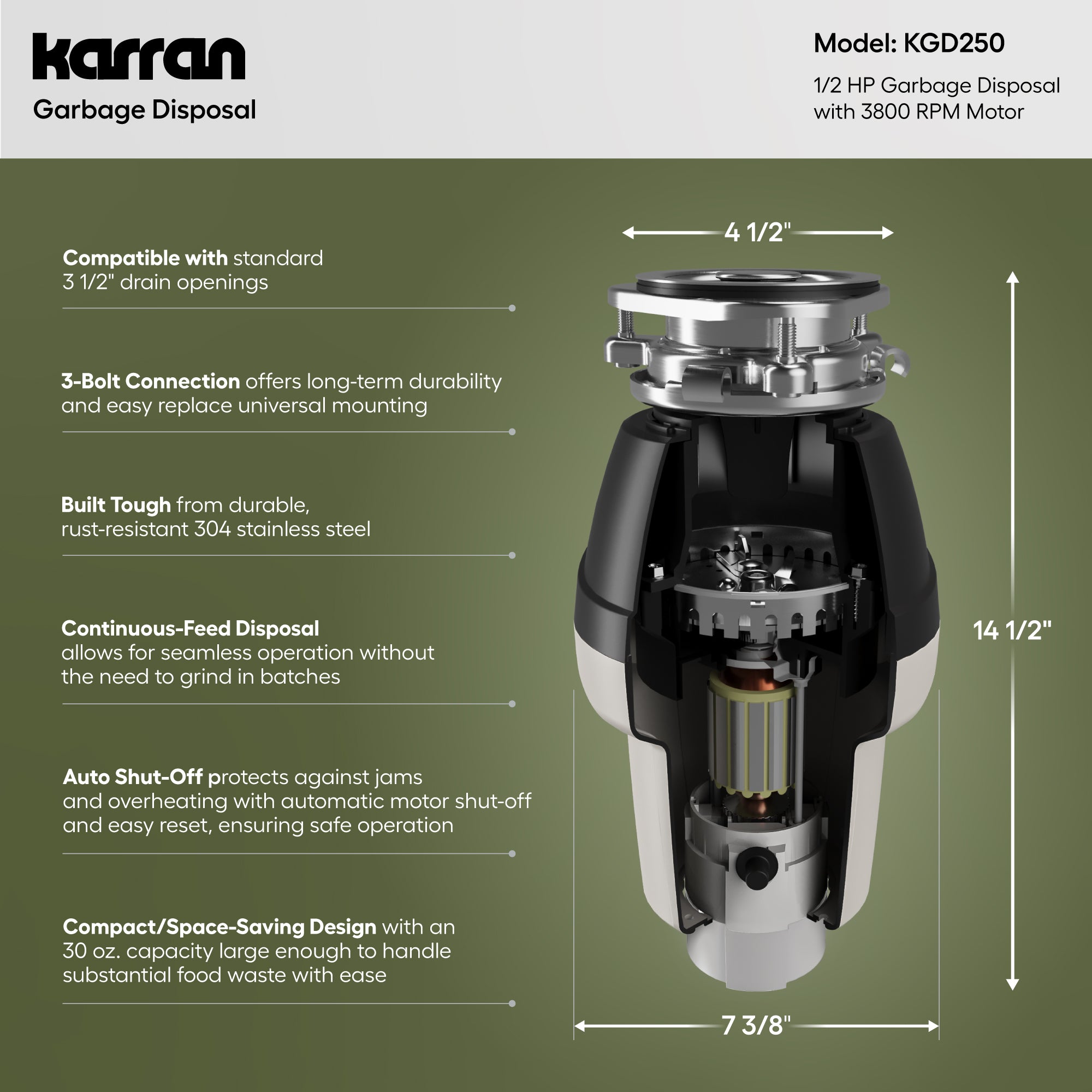 Alternate Image for Karran 1/2 HP Continuous Feed Garbage Disposal for Kitchen Sinks with Power Cord and Accessories Included, Stainless Steel, Black and Grey, KGD250