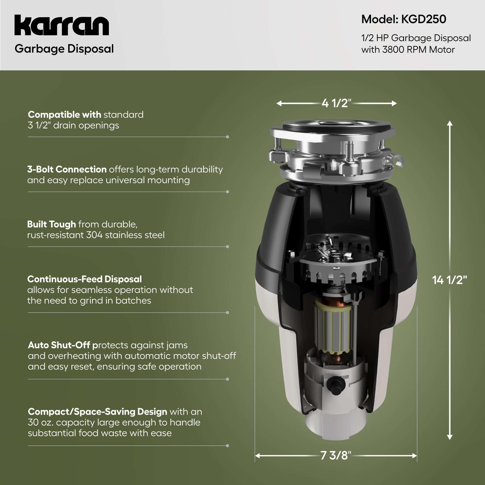 Alternate Image for Karran 1/2 HP Continuous Feed Garbage Disposal for Kitchen Sinks with Power Cord and Accessories Included, Stainless Steel, Black and Grey, KGD250
