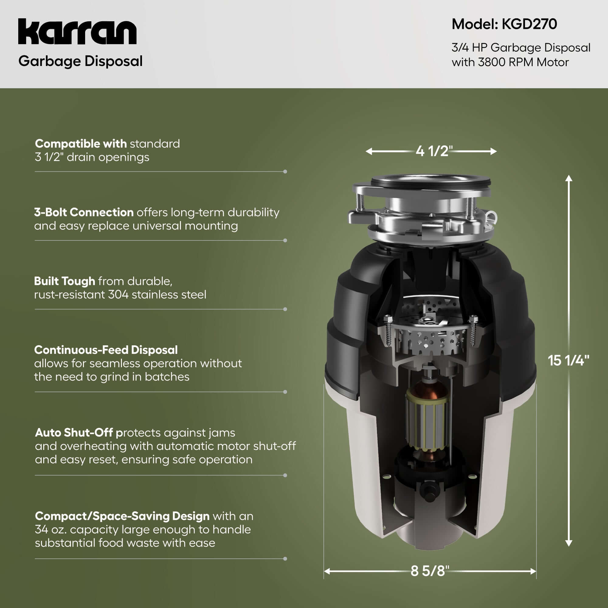 Alternate Image for Karran 3/4 HP Continuous Feed Garbage Disposal for Kitchen Sinks with Power Cord and Accessories Included, Stainless Steel, Black and Grey, KGD270