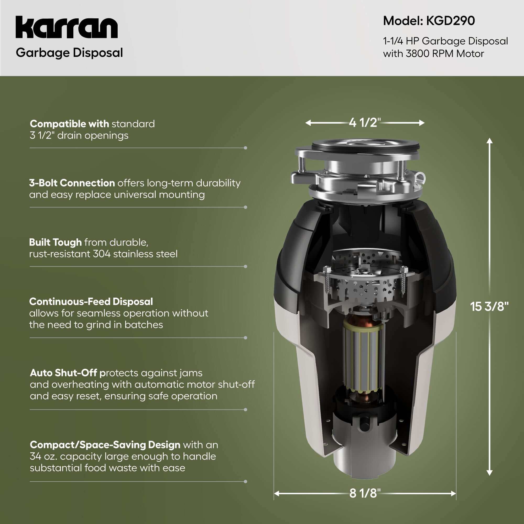 Alternate Image for Karran 1-1/4 HP Continuous Feed Garbage Disposal for Kitchen Sinks with Power Cord and Accessories included, Stainless Steel, Black and Grey, KGD290