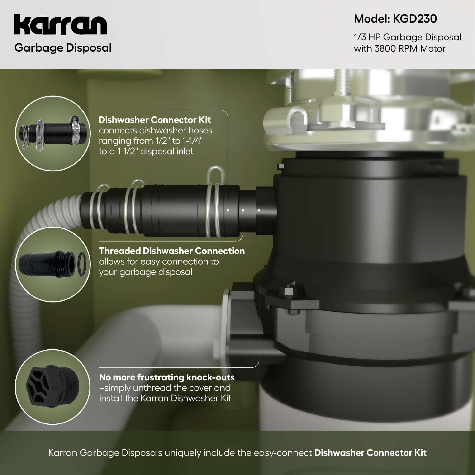 Alternate Image for Karran 1/3 HP Continuous Feed Garbage Disposal for Kitchen Sinks with Power Cord and Accessories Included, Stainless Steel, Black and Grey, KGD230