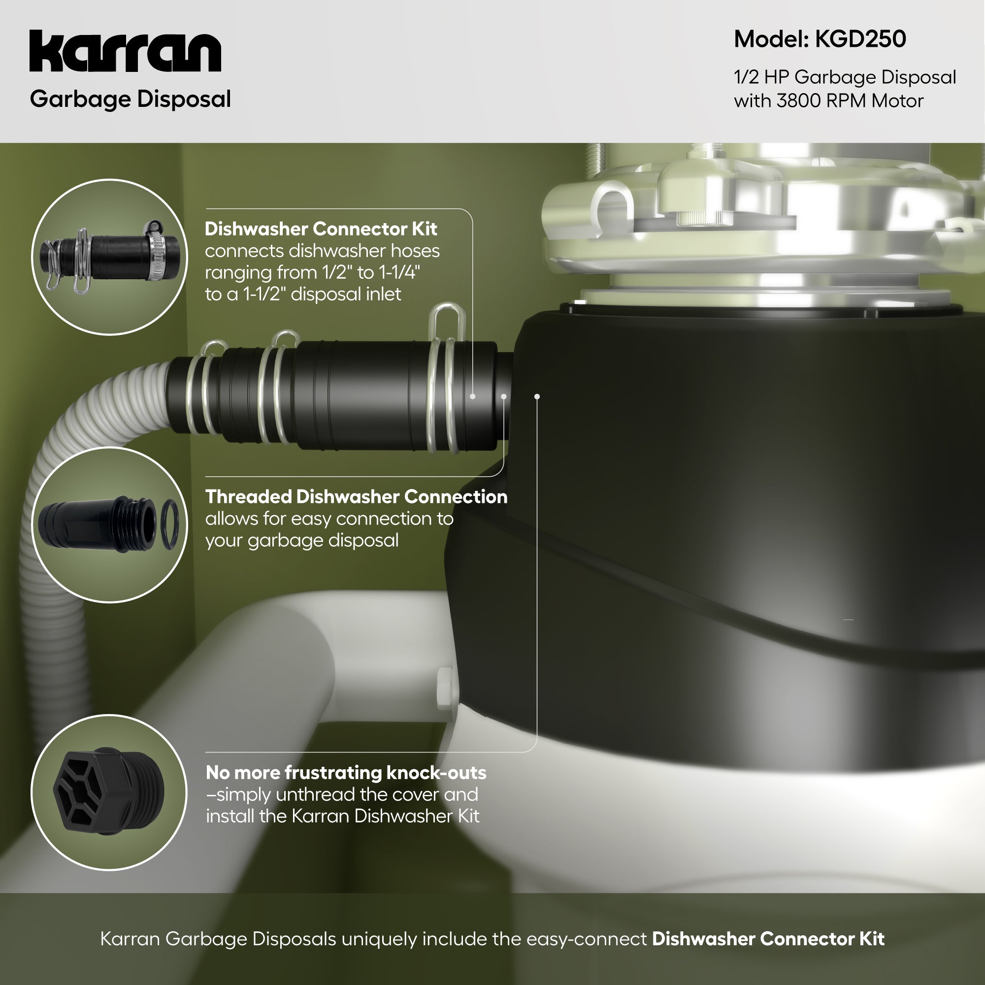Alternate Image for Karran 1/2 HP Continuous Feed Garbage Disposal for Kitchen Sinks with Power Cord and Accessories Included, Stainless Steel, Black and Grey, KGD250