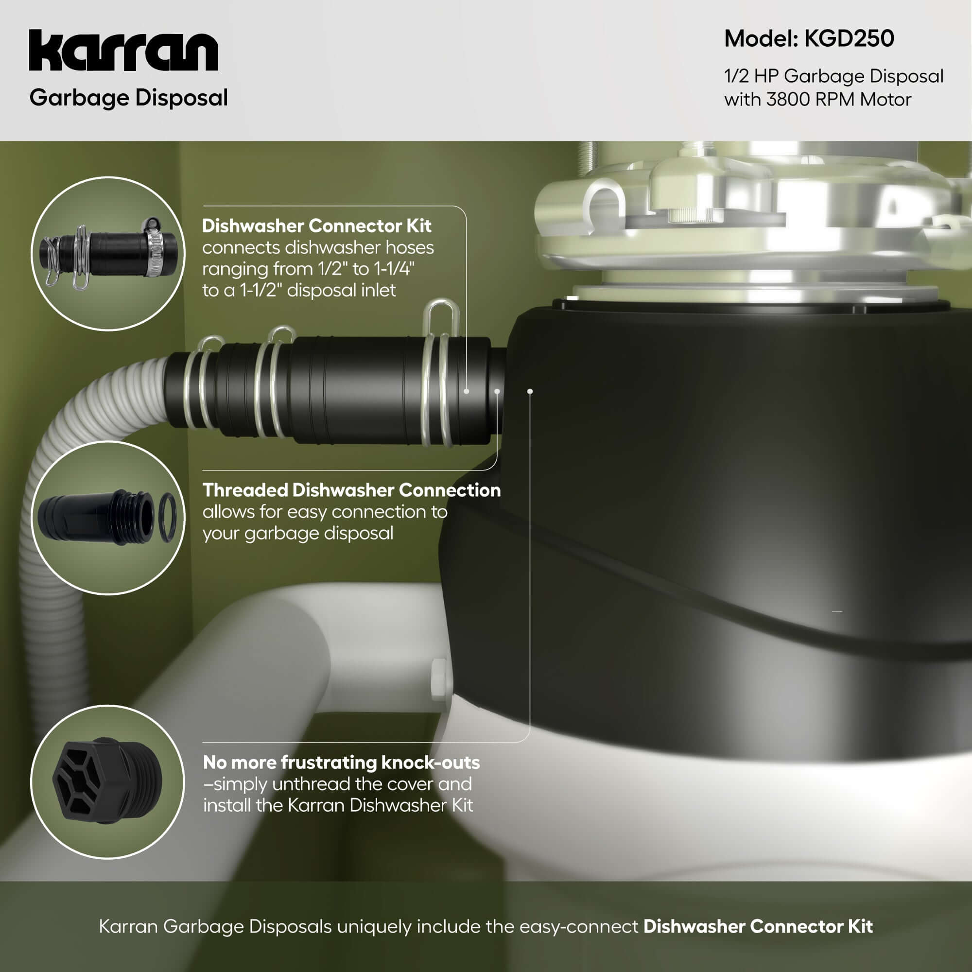 Alternate Image for Karran 1/2 HP Continuous Feed Garbage Disposal for Kitchen Sinks with Power Cord and Accessories Included, Stainless Steel, Black and Grey, KGD250