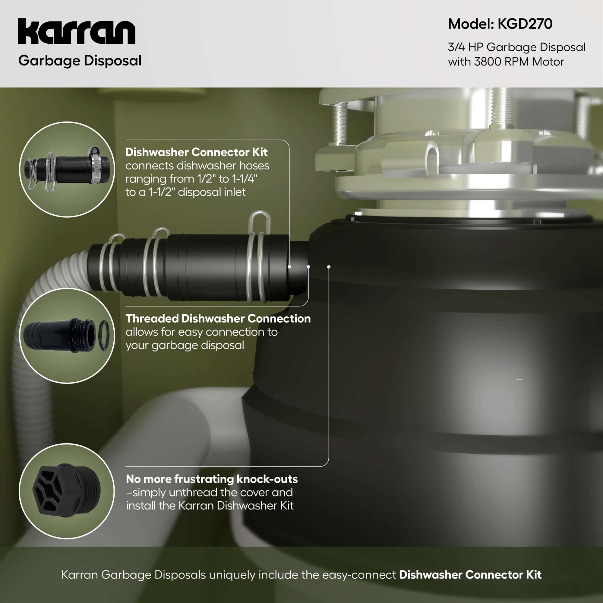 Alternate Image for Karran 3/4 HP Continuous Feed Garbage Disposal for Kitchen Sinks with Power Cord and Accessories Included, Stainless Steel, Black and Grey, KGD270