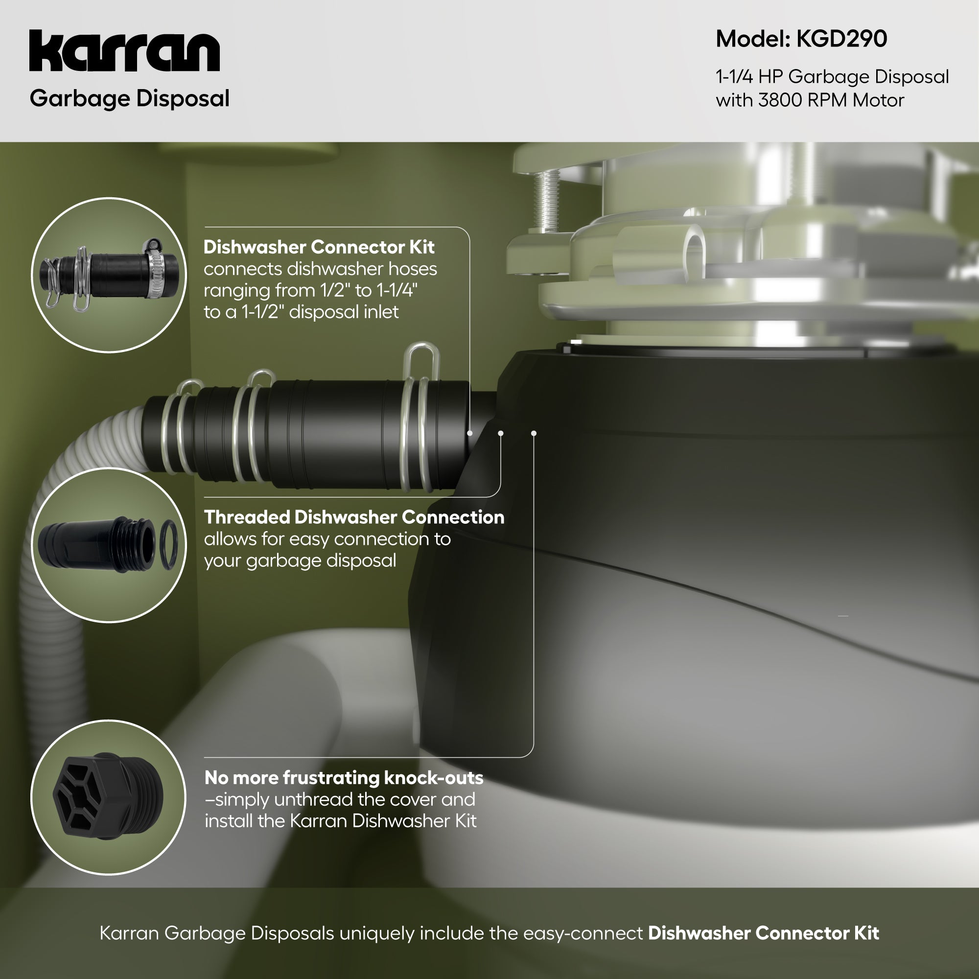 Alternate Image for Karran 1-1/4 HP Continuous Feed Garbage Disposal for Kitchen Sinks with Power Cord and Accessories included, Stainless Steel, Black and Grey, KGD290