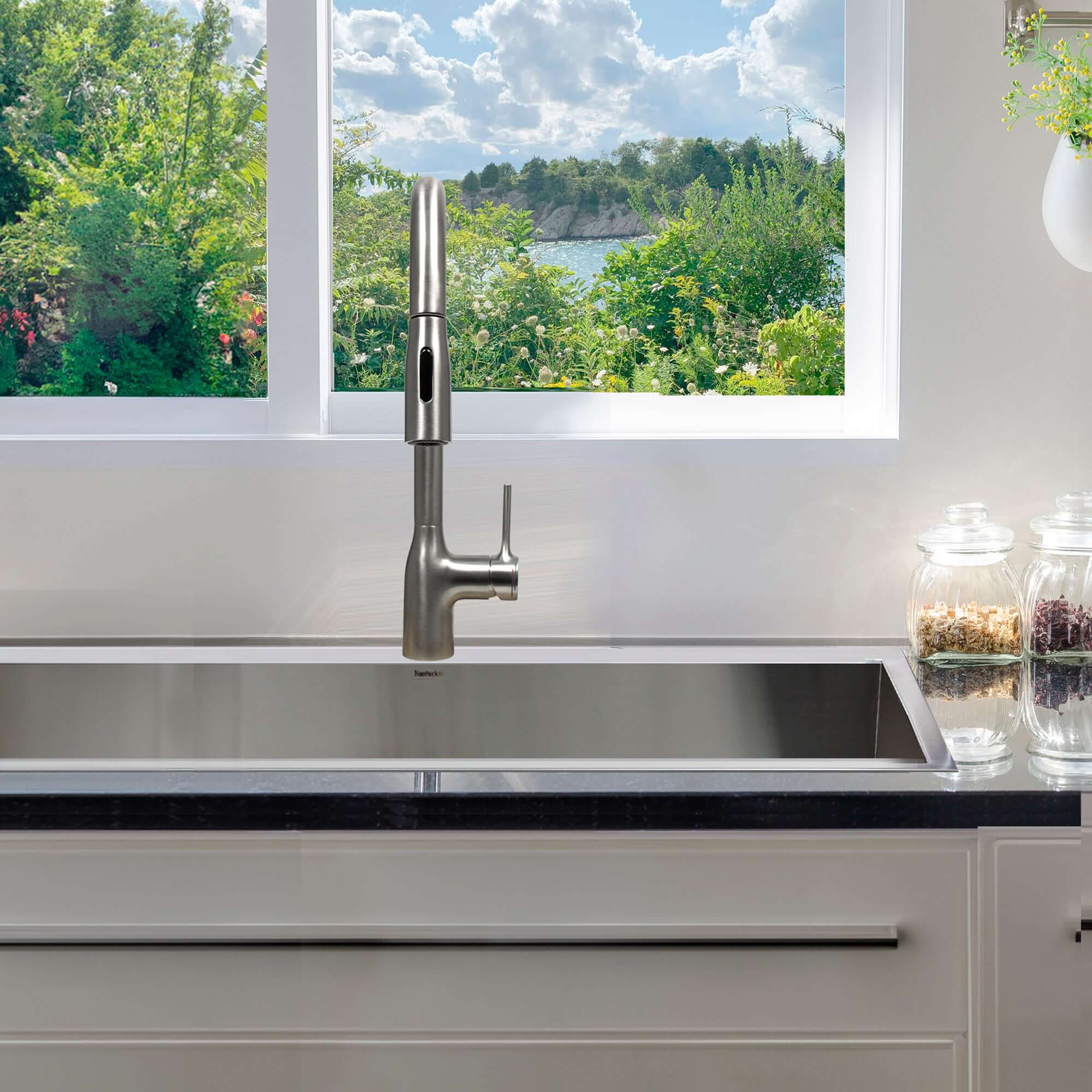 Nantucket sinks premium kitchen lever stainless steel kitchen faucet lever lifestyle image
