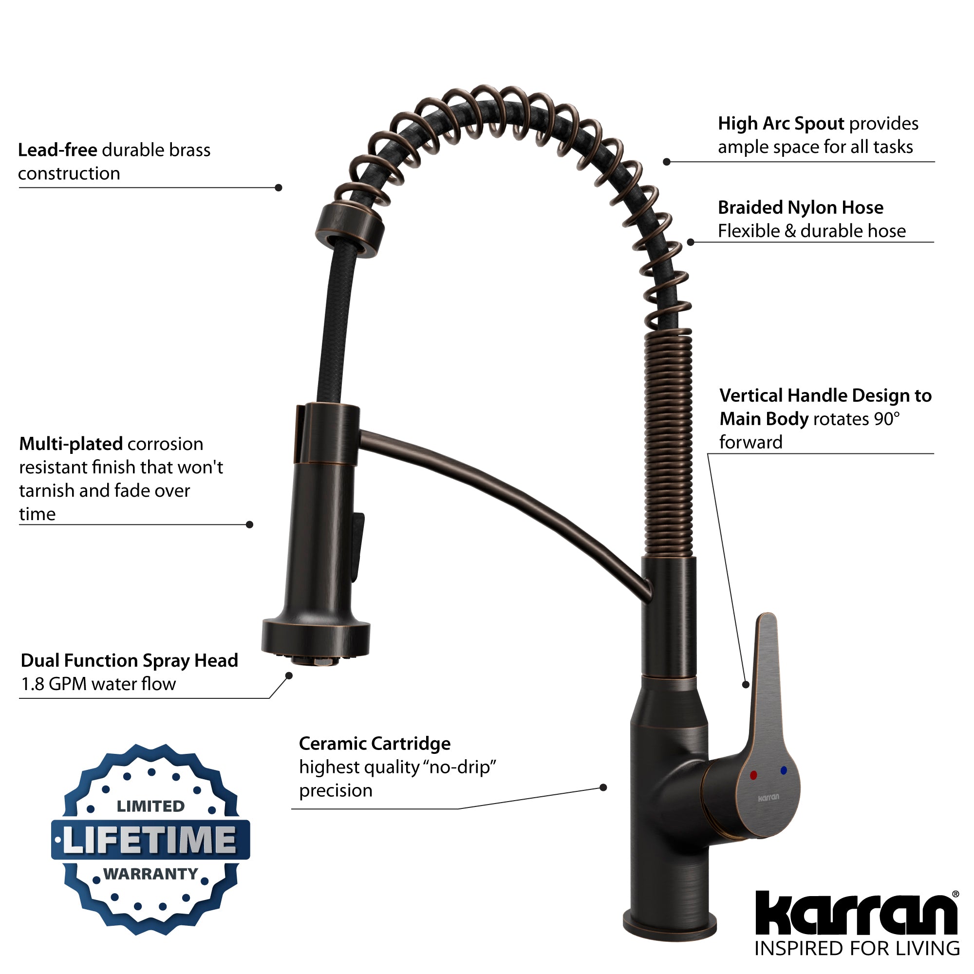 Alternate Image for Karran Scottsdale 1.8 GPM Single Lever Handle Lead-free Brass ADA Kitchen Faucet, Pull-Down Kitchen, Oil Rubbed Bronze, KKF210ORB