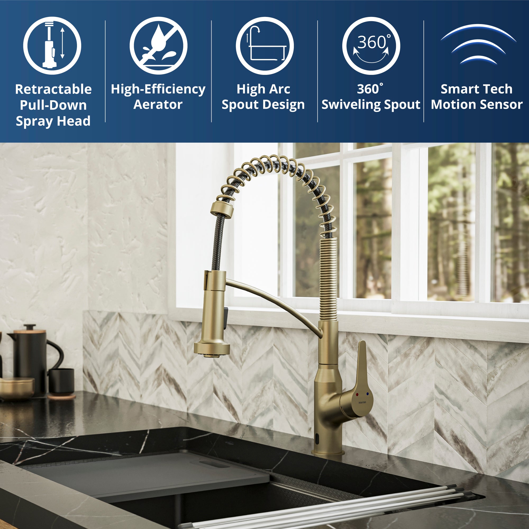 Alternate Image for Karran Alston 1.8 GPM Single Lever Handle Lead-free Brass ADA Touchless Kitchen Faucet, Pull-Down, Brushed Gold, KKF215BG