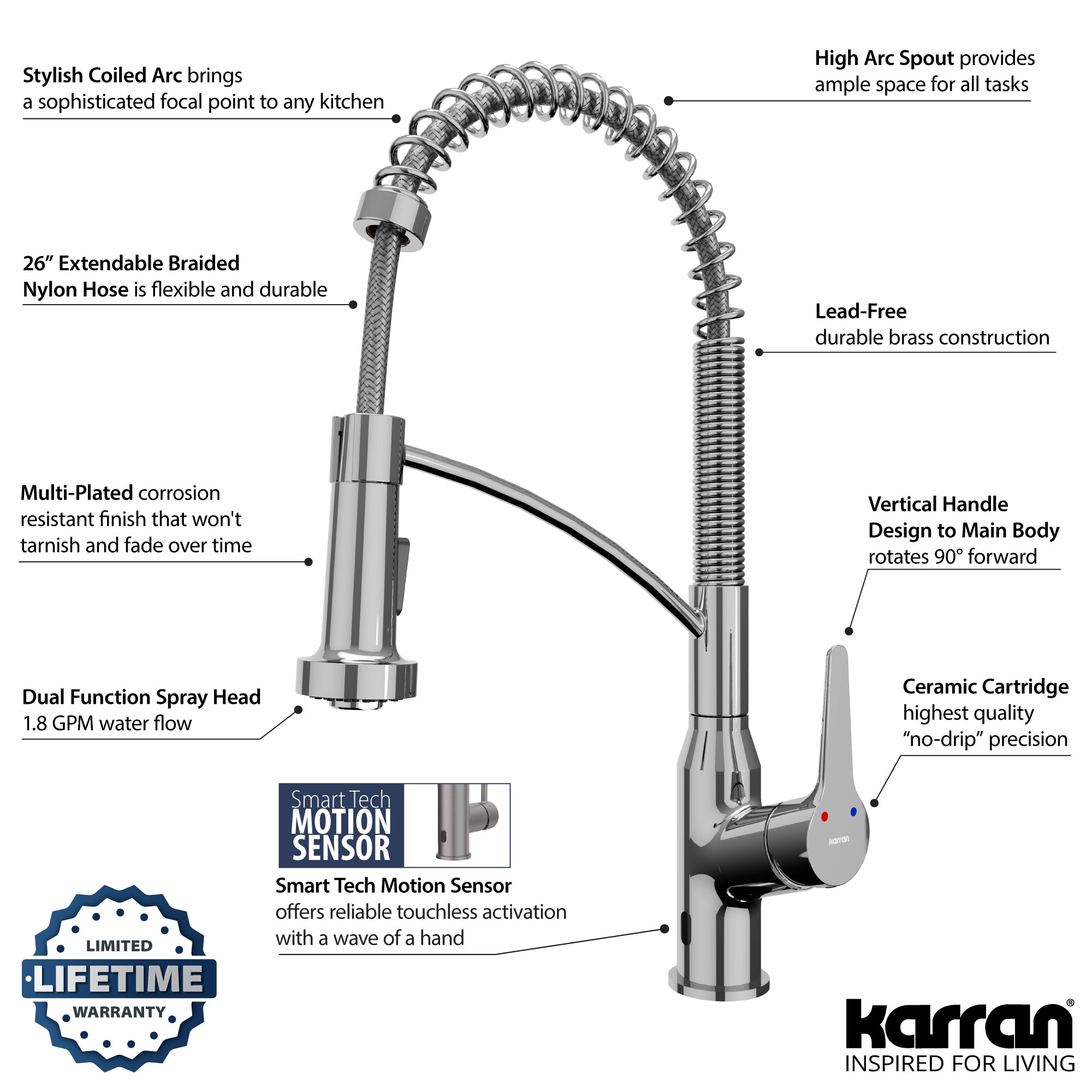 Alternate Image for Karran Alston 1.8 GPM Single Lever Handle Lead-free Brass ADA Touchless Kitchen Faucet, Pull-Down, Chrome, KKF215C
