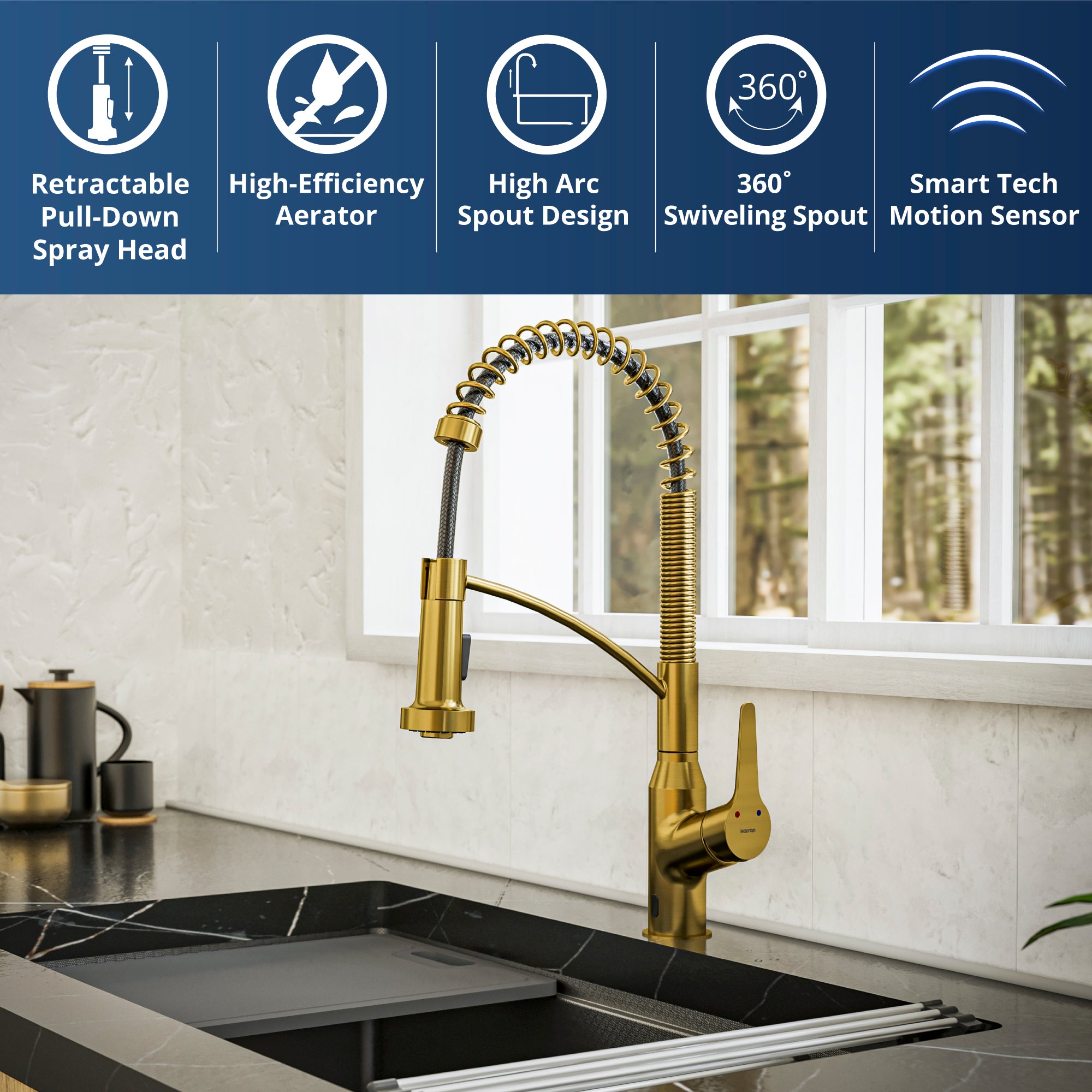Alternate Image for Karran Alston 1.8 GPM Single Lever Handle Lead-free Brass ADA Touchless Kitchen Faucet, Pull-Down, Gold, KKF215G