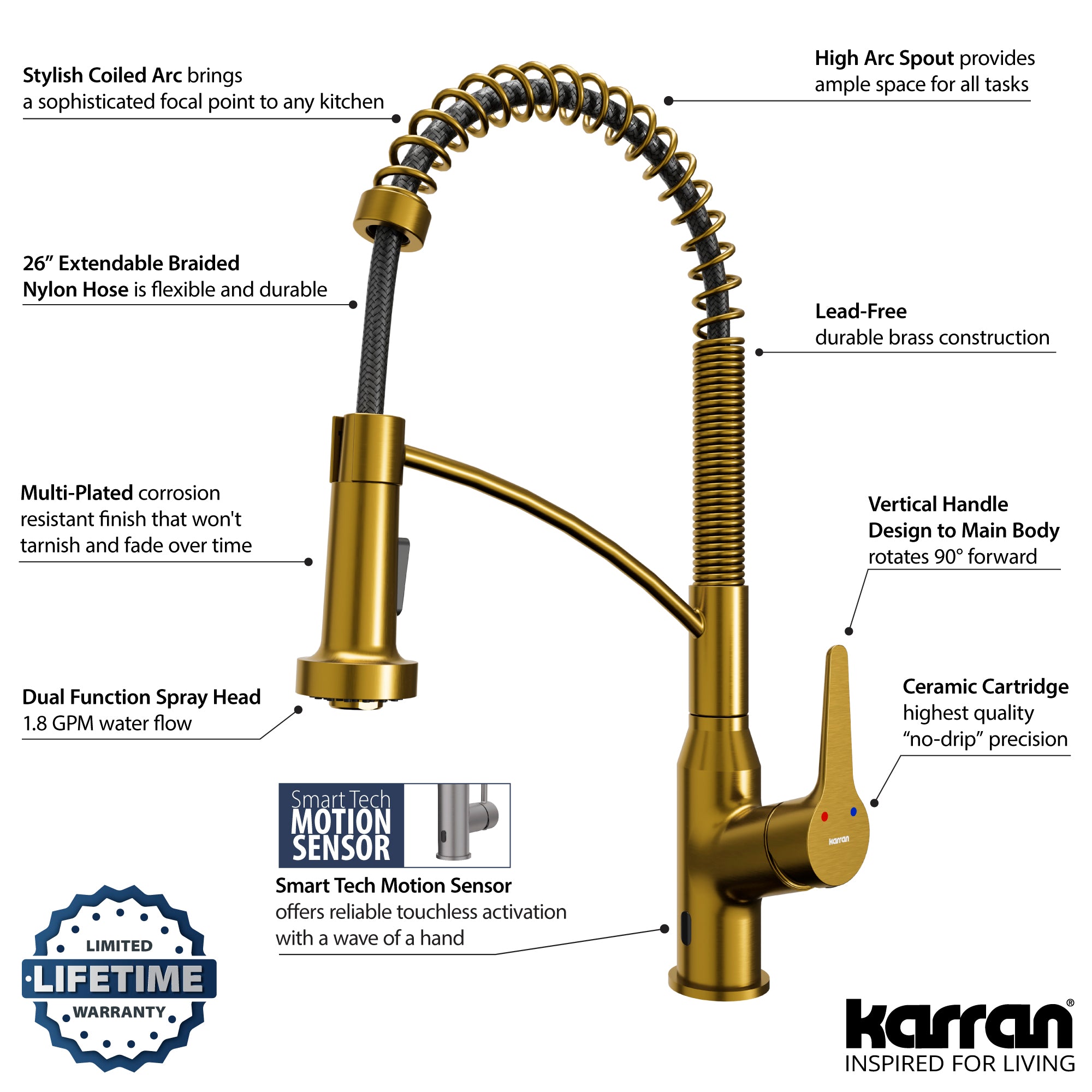 Alternate Image for Karran Alston 1.8 GPM Single Lever Handle Lead-free Brass ADA Touchless Kitchen Faucet, Pull-Down, Gold, KKF215G