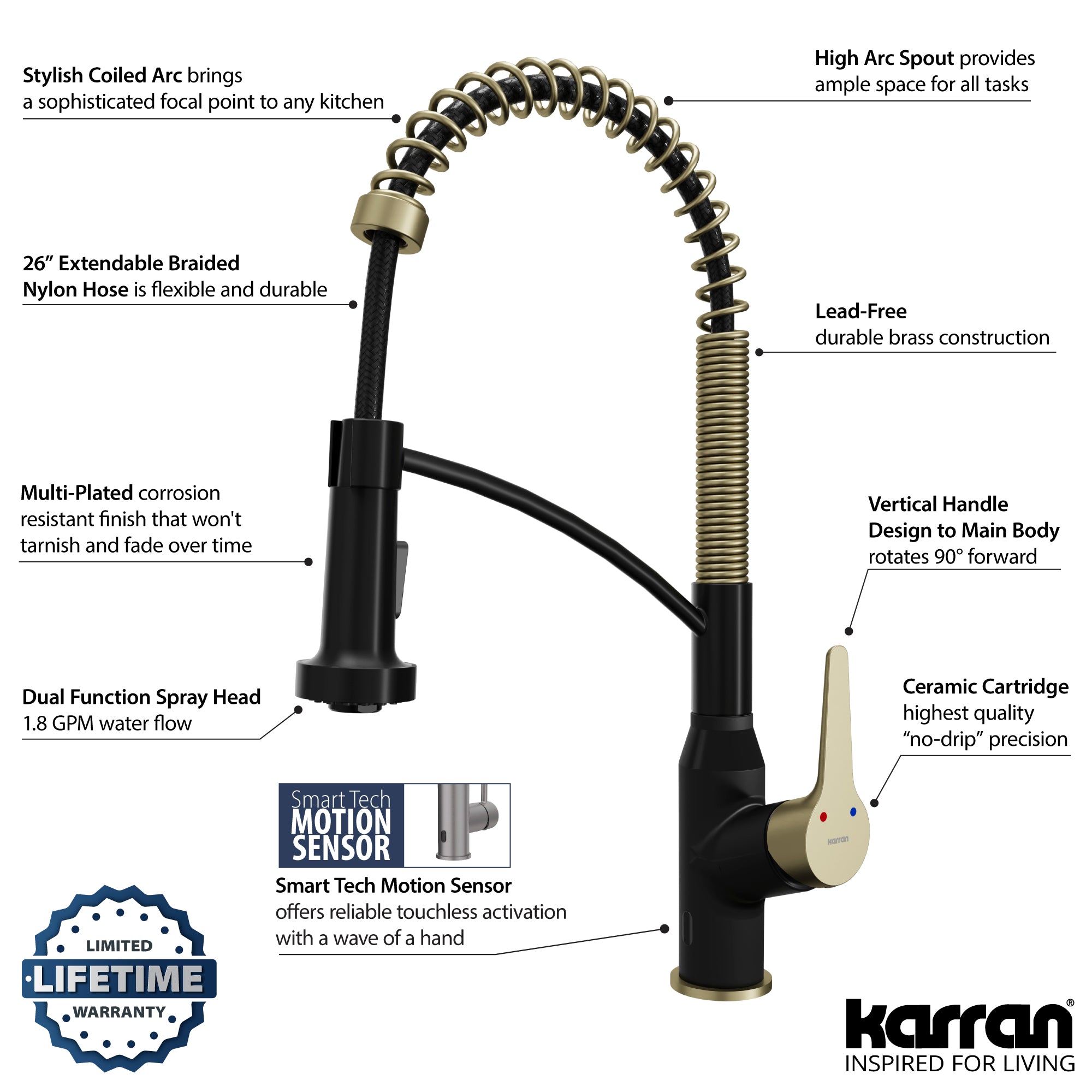 Alternate Image for Karran Alston 1.8 GPM Single Lever Handle Lead-free Brass ADA Touchless Kitchen Faucet, Pull-Down, Matte Black & Brushed Gold, KKF215MBBG