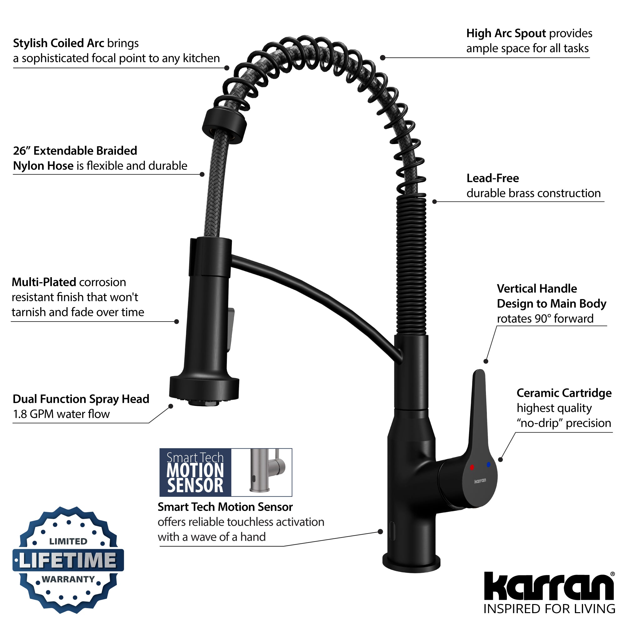 Alternate Image for Karran Alston 1.8 GPM Single Lever Handle Lead-free Brass ADA Touchless Kitchen Faucet, Pull-Down, Matte Black, KKF215MB