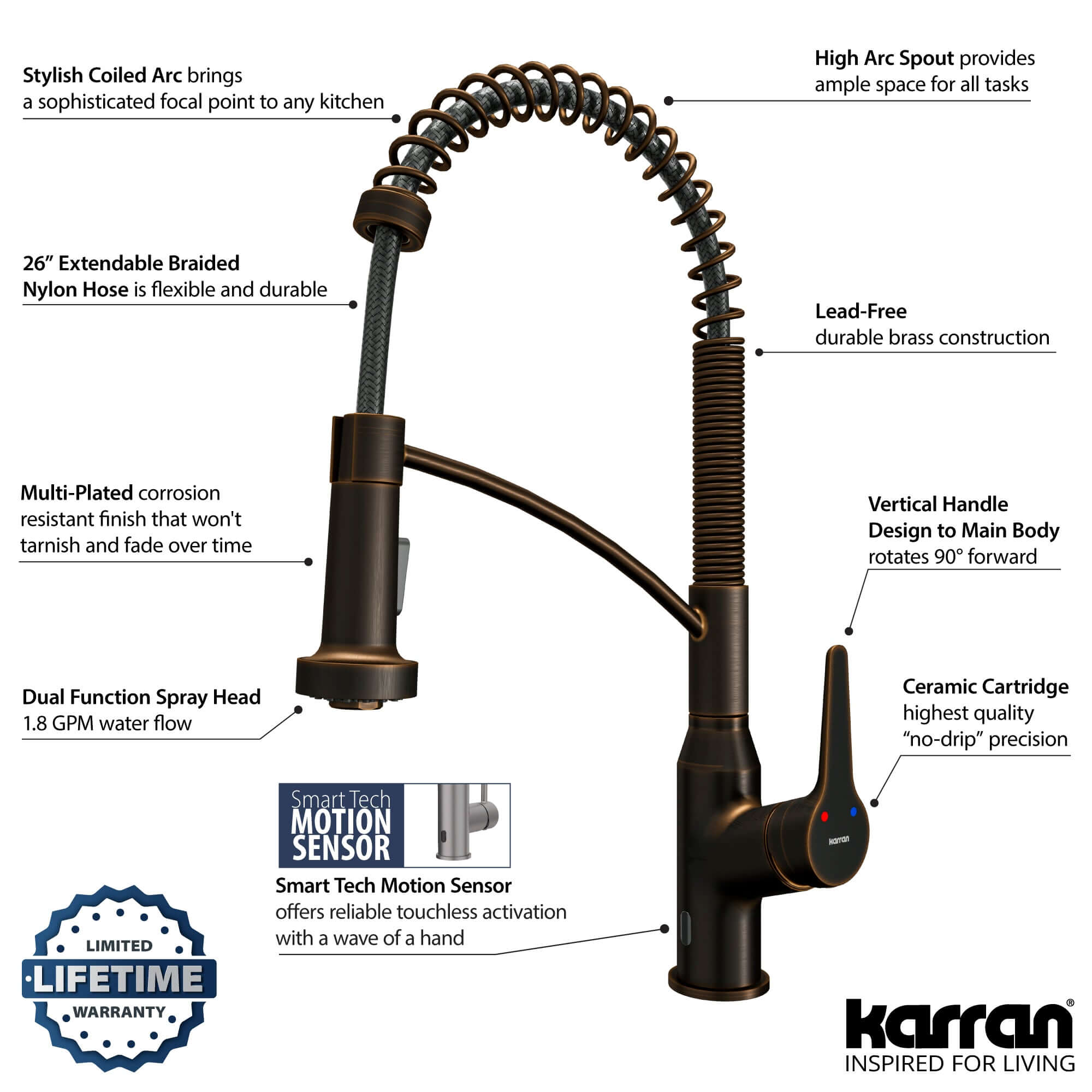 Alternate Image for Karran Alston 1.8 GPM Single Lever Handle Lead-free Brass ADA Touchless Kitchen Faucet, Pull-Down, Oil Rubbed Bronze, KKF215ORB