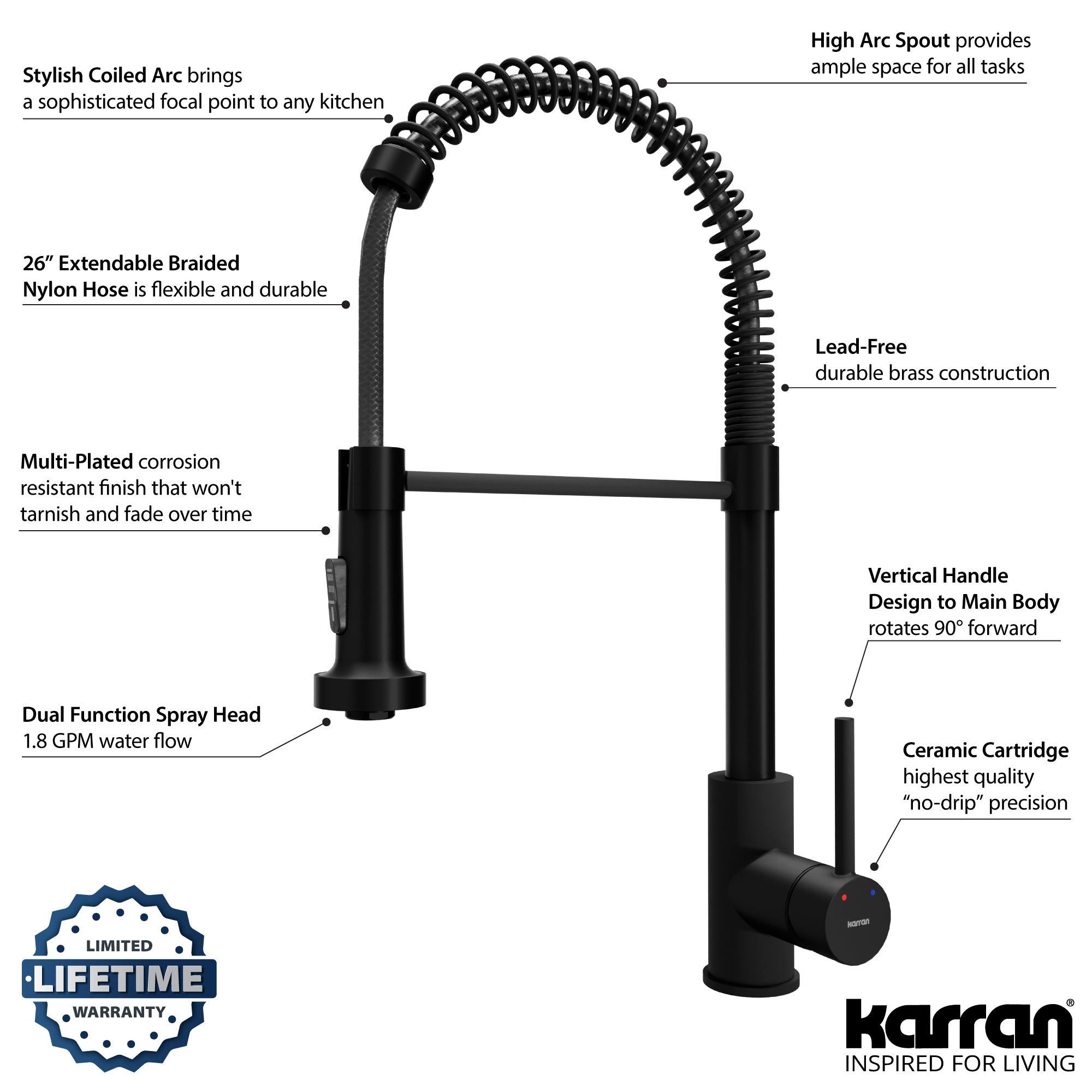 Alternate Image for Karran Kadira 1.8 GPM Single Lever Handle Lead-free Brass ADA Kitchen Faucet, Pull-Down, Matte Black, KKF225MB