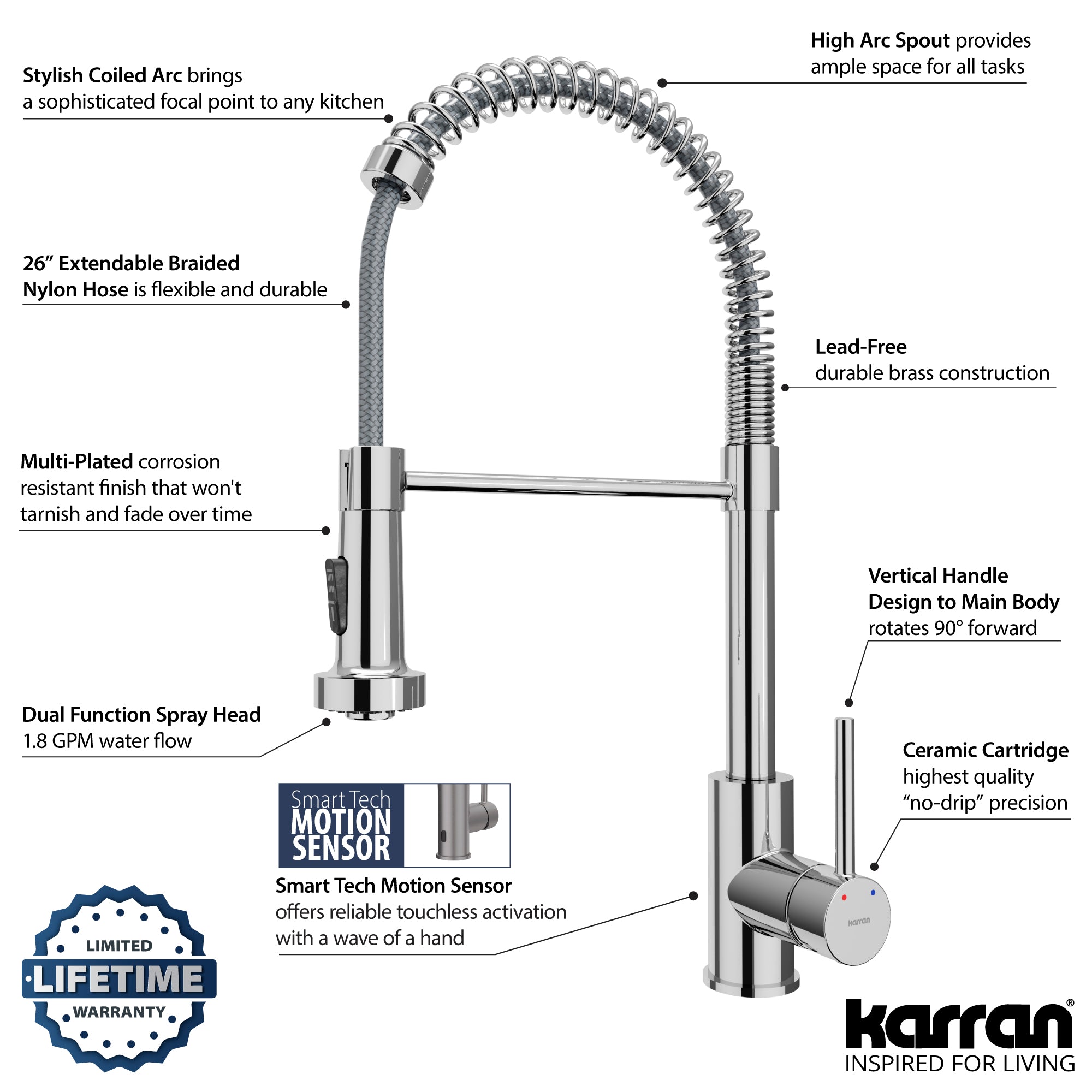 Alternate Image for Karran Loxton 1.8 GPM Single Lever Handle Lead-free Brass ADA Touchless Kitchen Faucet, Pull-Down, Chrome, KKF228C