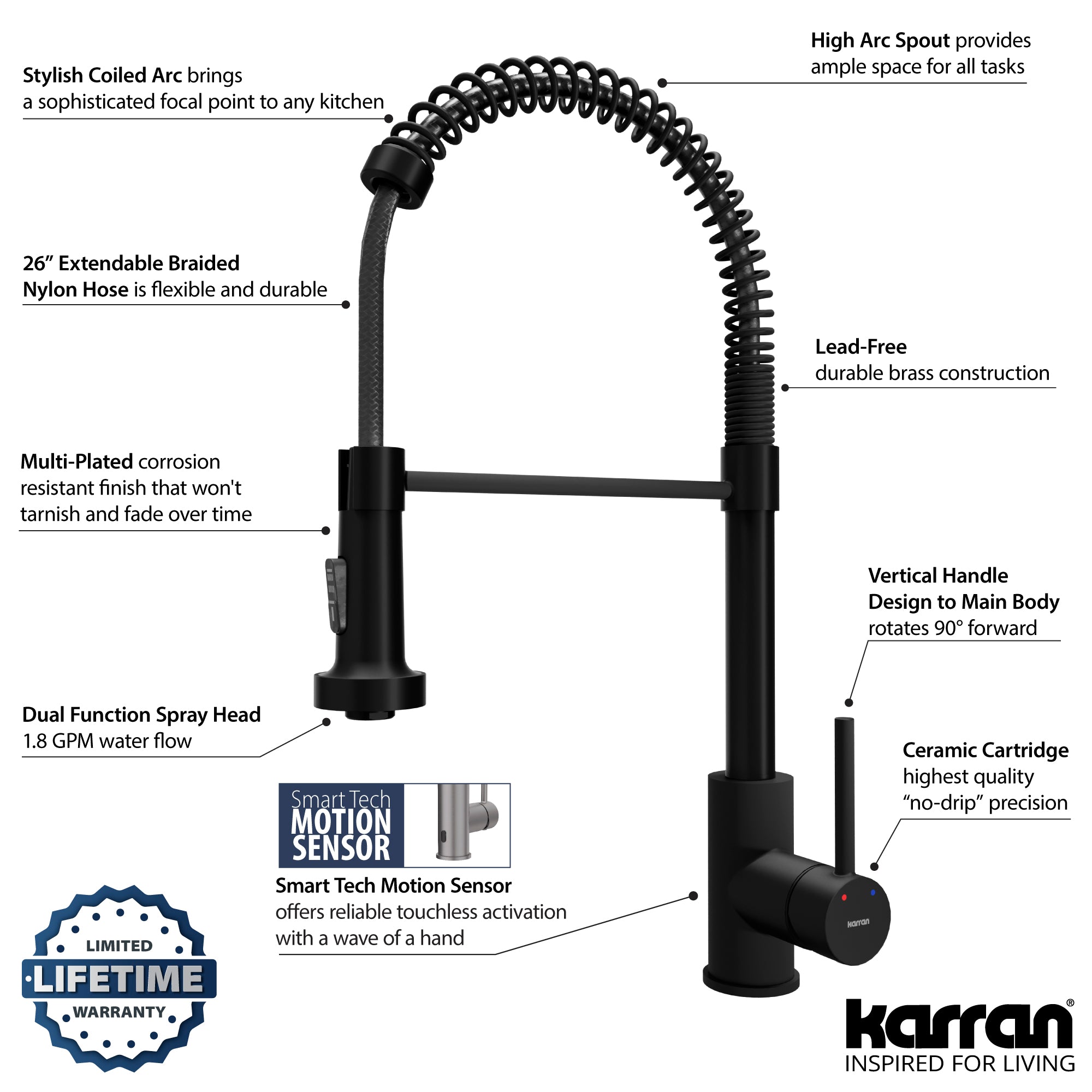 Alternate Image for Karran Loxton 1.8 GPM Single Lever Handle Lead-free Brass ADA Touchless Kitchen Faucet, Pull-Down, Matte Black, KKF228MB