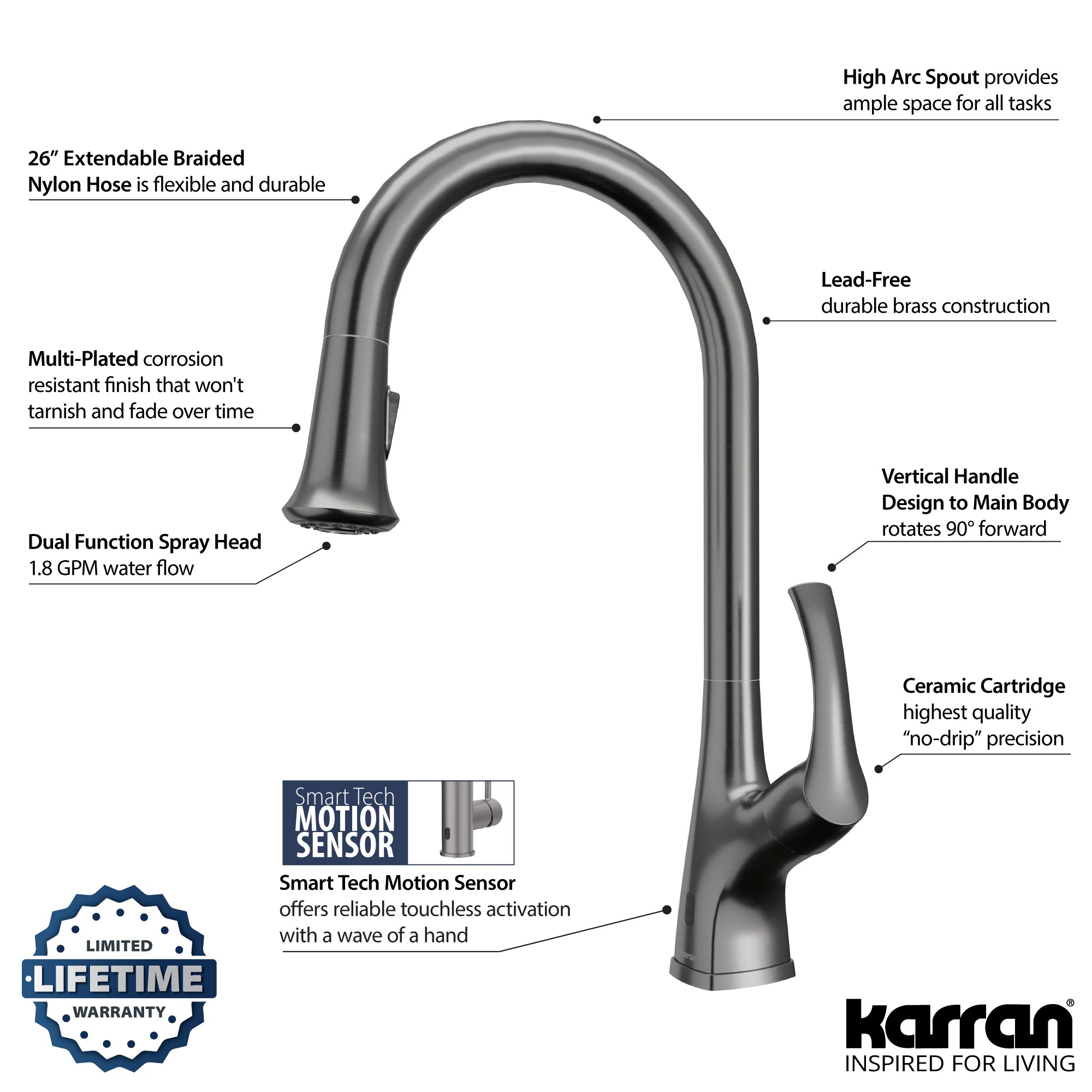 Alternate Image for Karran Chantilly 1.8 GPM Single Lever Handle Lead-free Brass ADA Touchless Kitchen Faucet, Pull-Down, Gunmetal Grey, KKF375GG