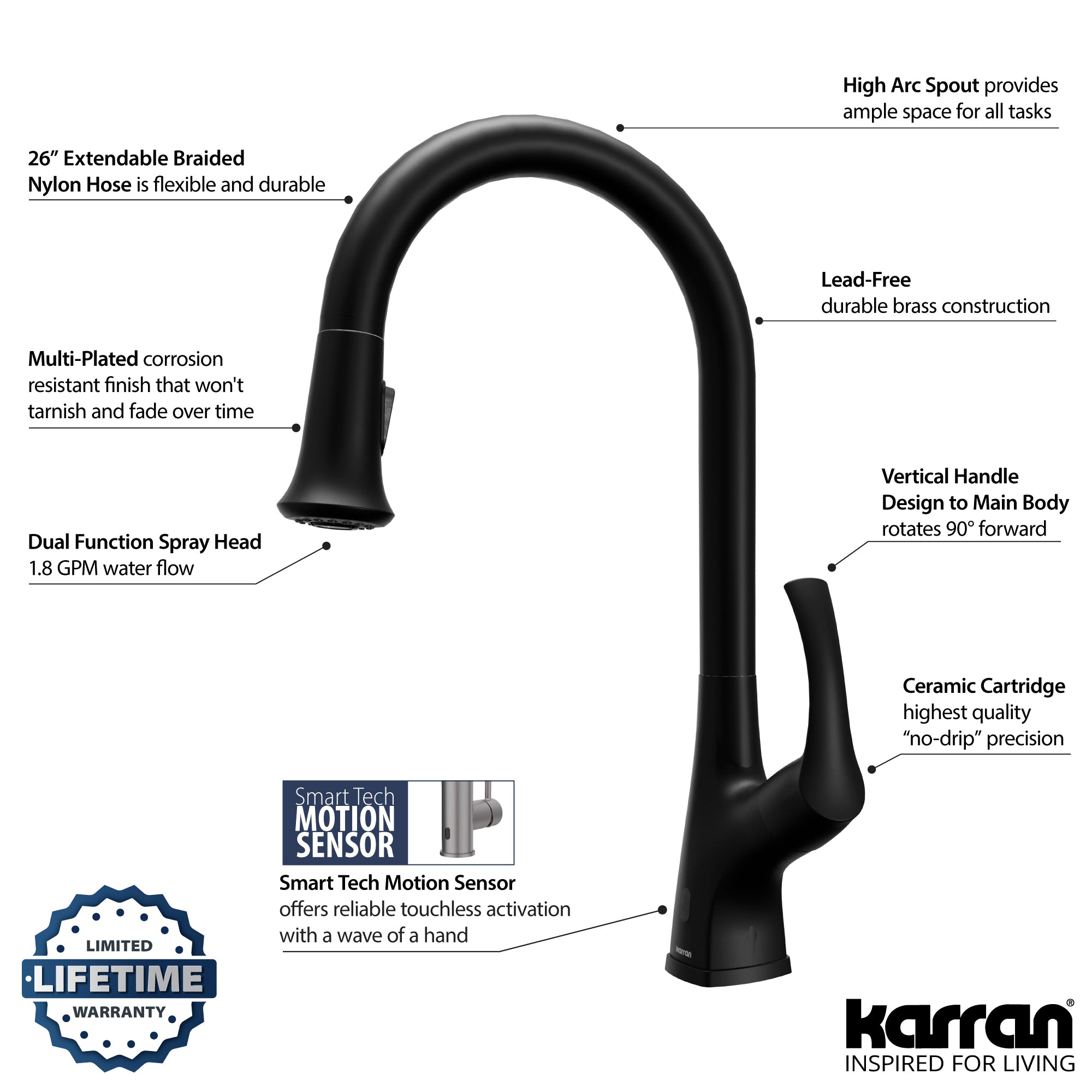Alternate Image for Karran Chantilly 1.8 GPM Single Lever Handle Lead-free Brass ADA Touchless Kitchen Faucet, Pull-Down, Matte Black, KKF375MB