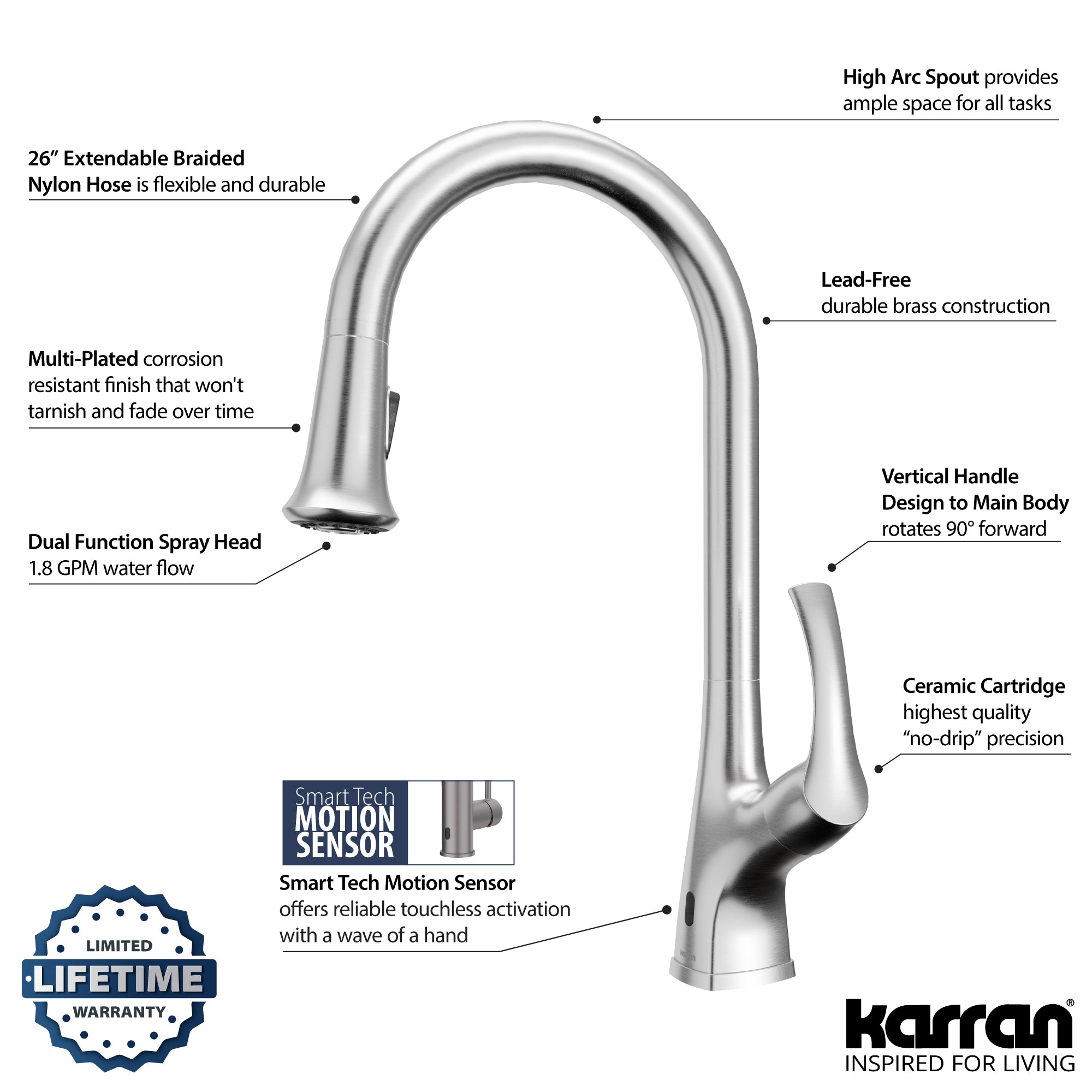 Alternate Image for Karran Chantilly 1.8 GPM Single Lever Handle Lead-free Brass ADA Touchless Kitchen Faucet, Pull-Down, Stainless Steel, KKF375SS