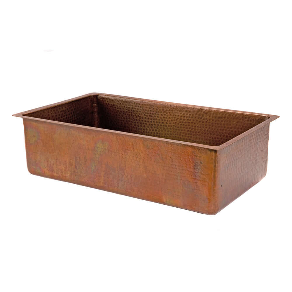 Alternate Image for Premier Copper Products 33" Antique Hammered Copper Kitchen Single Basin Sink with Matching Drain and Accessories, Antique Copper, KSP3_KSB33199