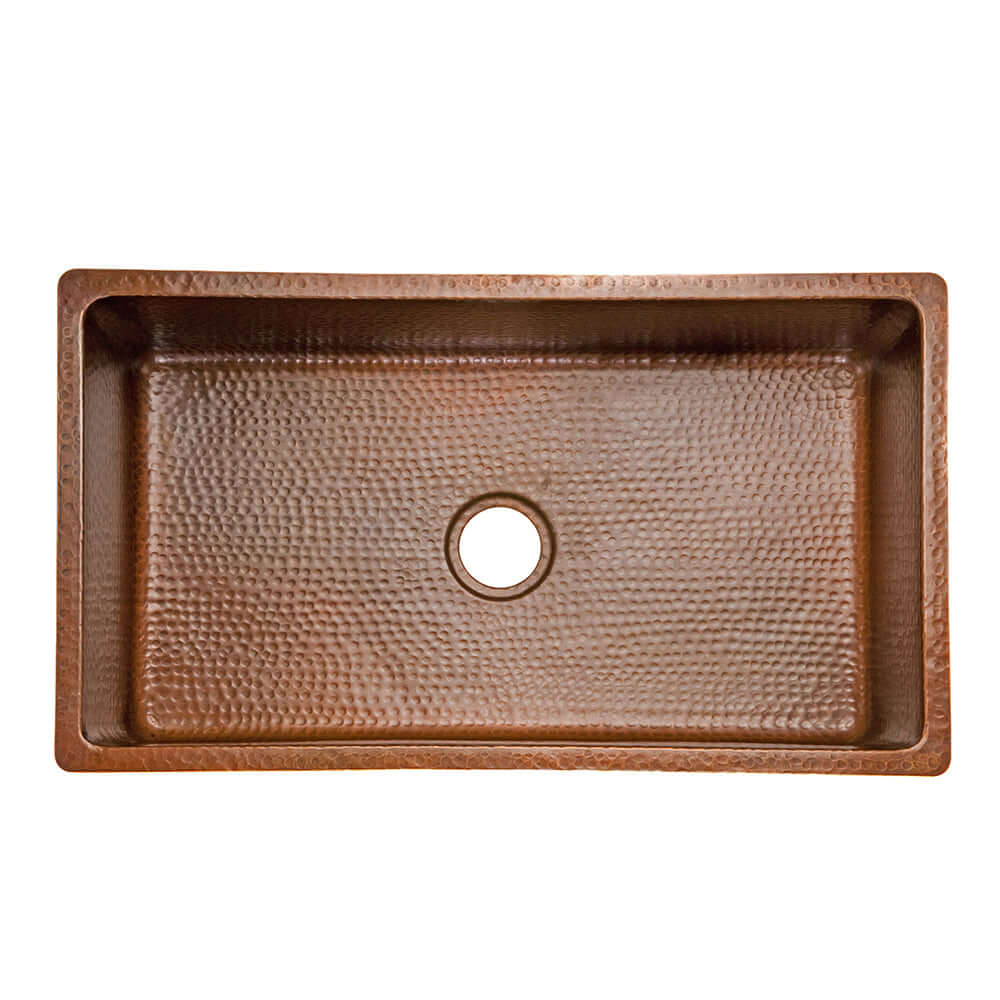 Alternate Image for Premier Copper Products 33" Antique Hammered Copper Kitchen Single Basin Sink with Matching Drain and Accessories, Antique Copper, KSP3_KSB33199