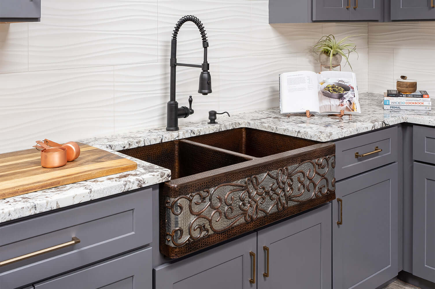 Alternate Image for Premier Copper Products 33" Hammered Copper Kitchen Apron 50/50 Double Basin Farmhouse Sink w/ Scroll Design and Apron Front Nickel Background with Matching Drains, and Accessories, Oil Rubbed Bronze and Nickel, KSP3_KA50DB33229S-NB