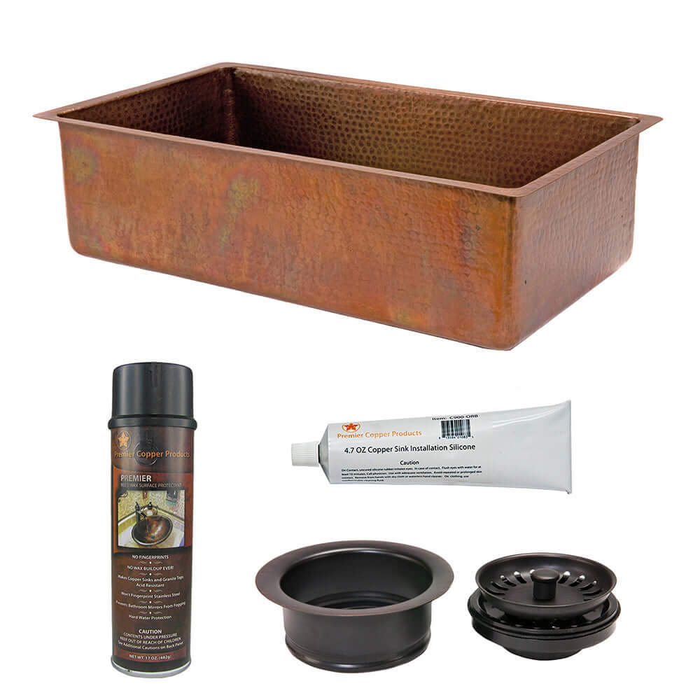 Alternate Image for Premier Copper Products 33" Antique Hammered Copper Kitchen Single Basin Sink with Matching Drain and Accessories, Antique Copper, KSP3_KSB33199