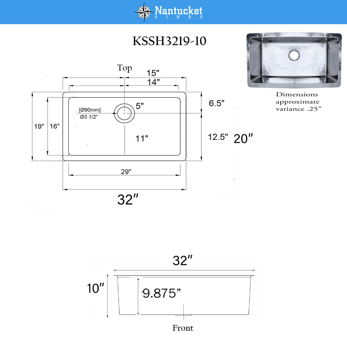 Nantucket Sinks Brightwork Home 32" Undermount Stainless Steel Kitchen Sink, 16 Gauge, KSSH3219-10