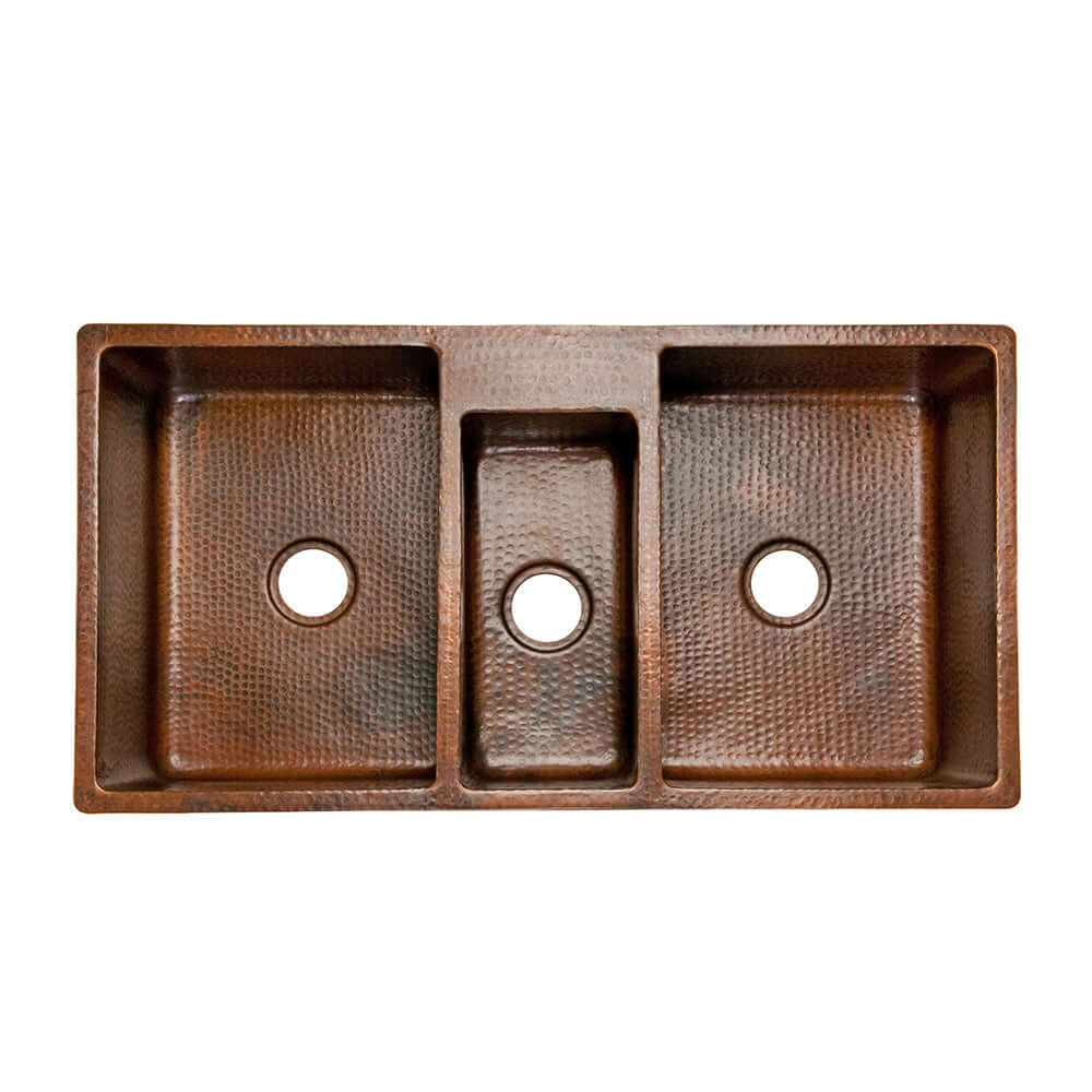 Alternate Image for Premier Copper Products 42" Copper Kitchen Sink, 40/20/40 Triple Bowl, Oil Rubbed Bronze, KTDB422210