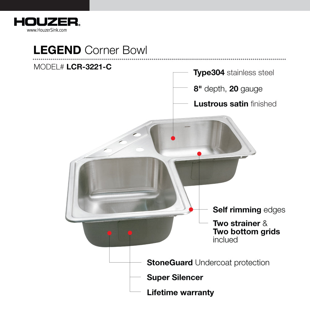 Alternate Image for Houzer Legend 32" Stainless Steel Topmount 4-hole 50/50 Double Bowl Corner Kitchen Sink with Strainer & Grid - 20 Gauge, LCR-3221-C