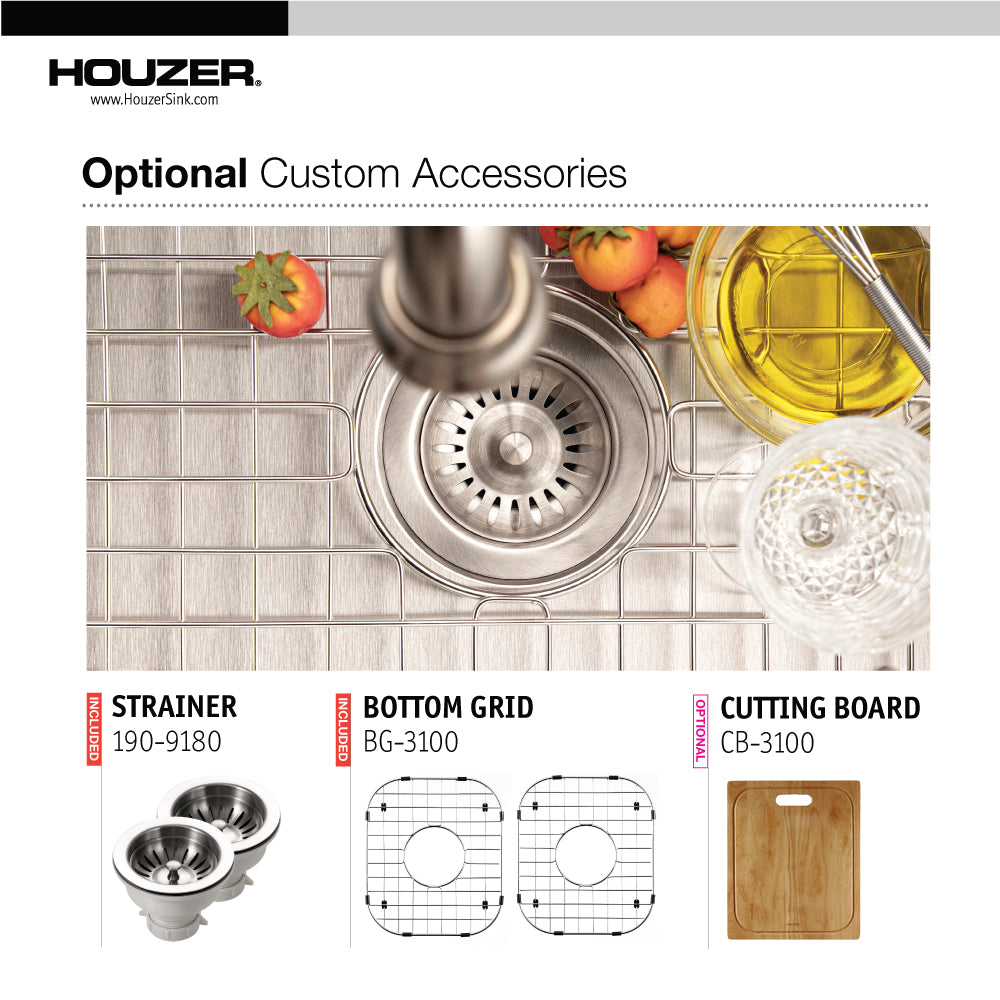Alternate Image for Houzer Legend 32" Stainless Steel Topmount 4-hole 50/50 Double Bowl Corner Kitchen Sink with Strainer & Grid - 20 Gauge, LCR-3221-C