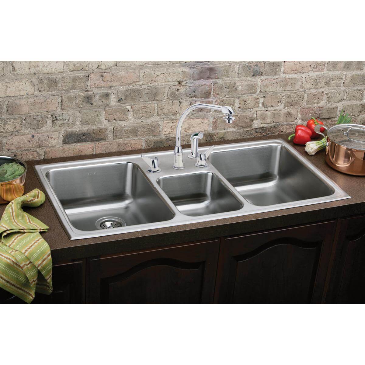 Alternate Image for Elkay Lustertone Classic 43" Drop In/Topmount Stainless Steel Kitchen Sink, 40/20/40 Triple Bowl, Lustrous Satin, 3 Faucet Holes, LCR43223