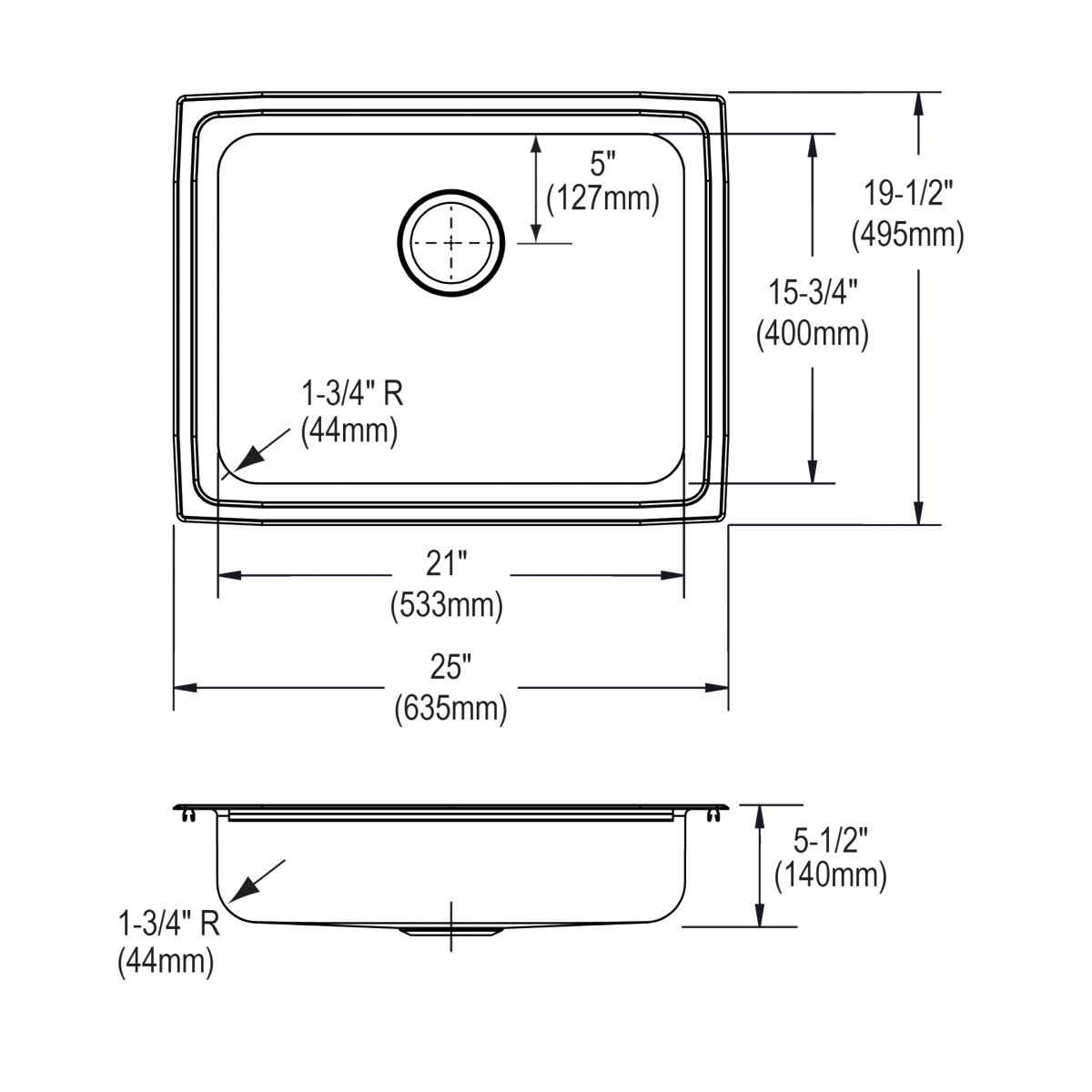 Elkay Lustertone Classic 25" Drop In/Topmount Stainless Steel ADA Kitchen Sink, Lustrous Satin, 18 Gauge, LFRAD251955