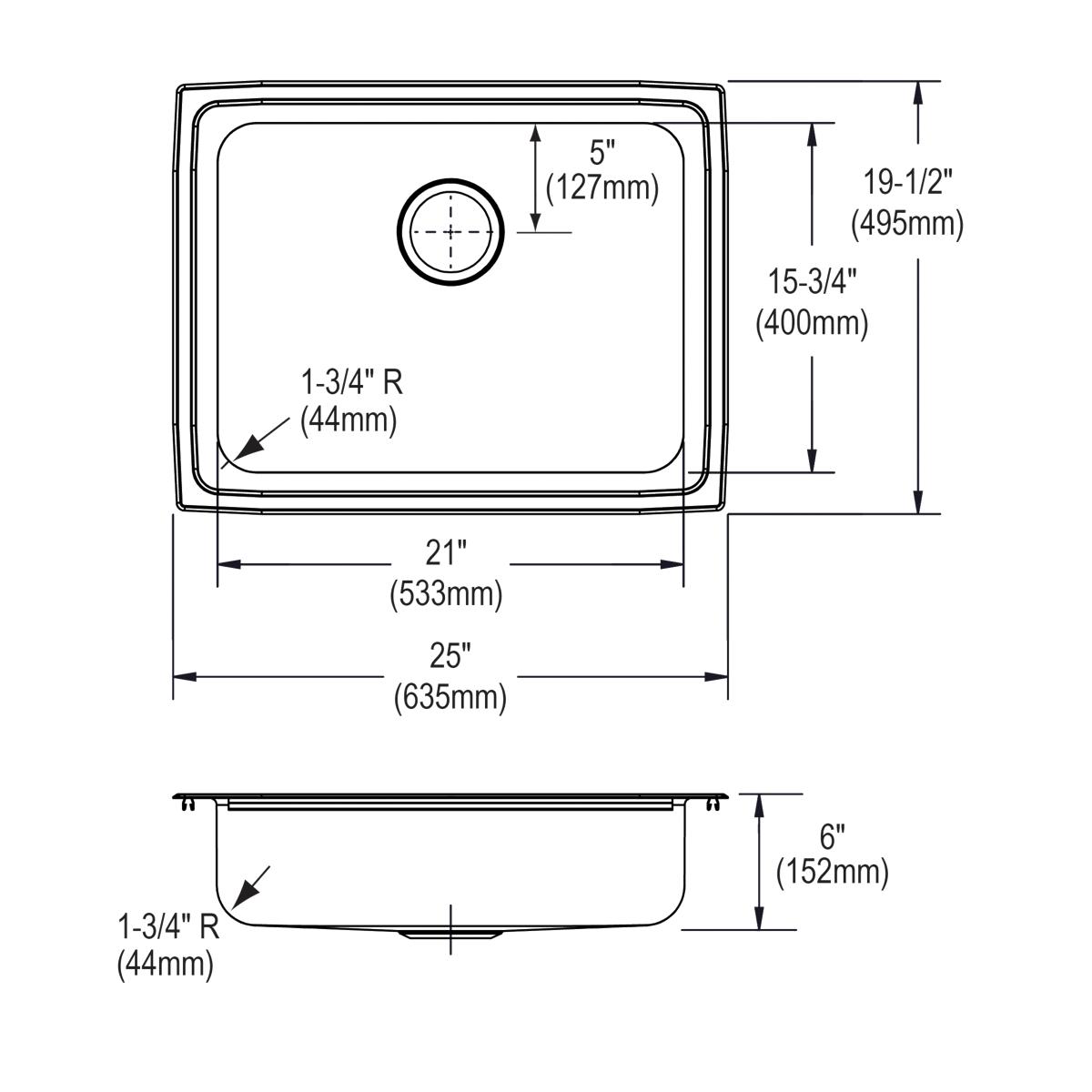 Elkay Lustertone Classic 25" Drop In/Topmount Stainless Steel ADA Kitchen Sink, Lustrous Satin, No Faucet Hole, LFRAD251960