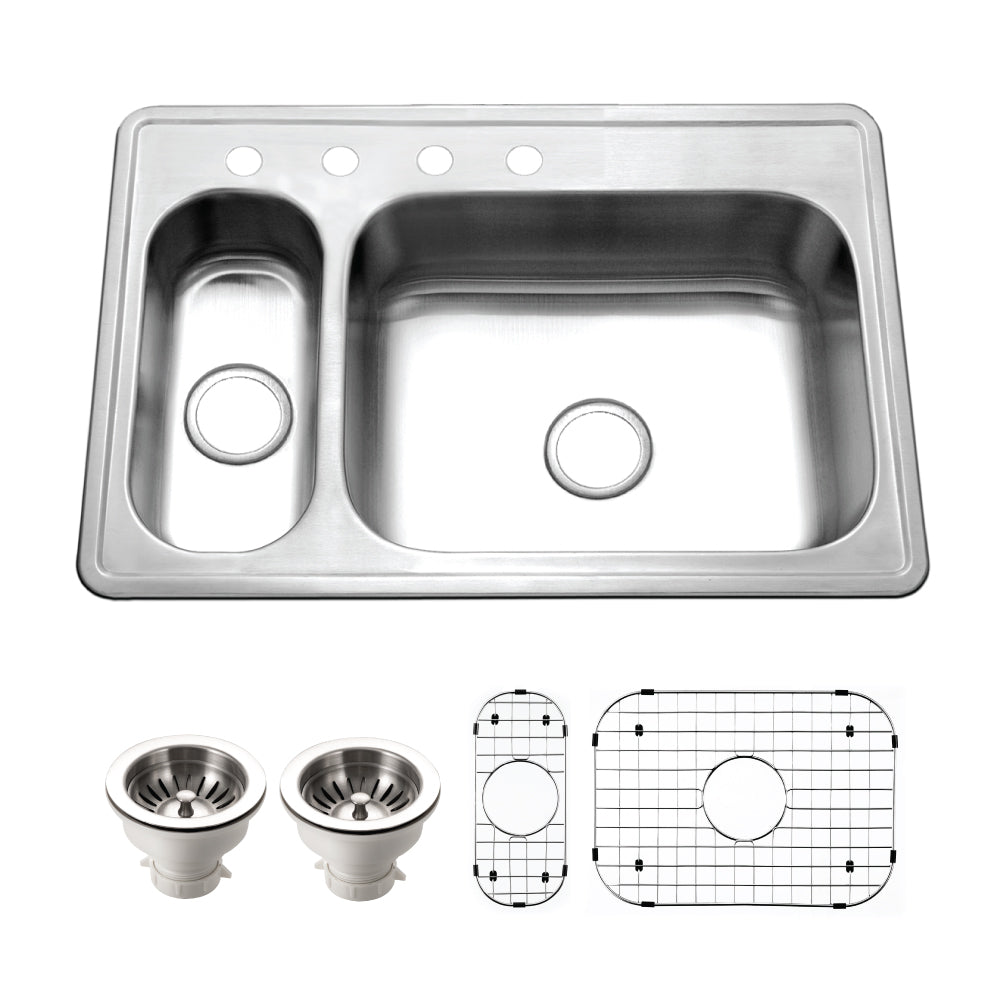 Houzer Legend 33" Stainless Steel Topmount 4-hole 80/20 Small Left Double Bowl Kitchen Sink with Strainer & Grids - 20 Gauge, LHD-3322-C