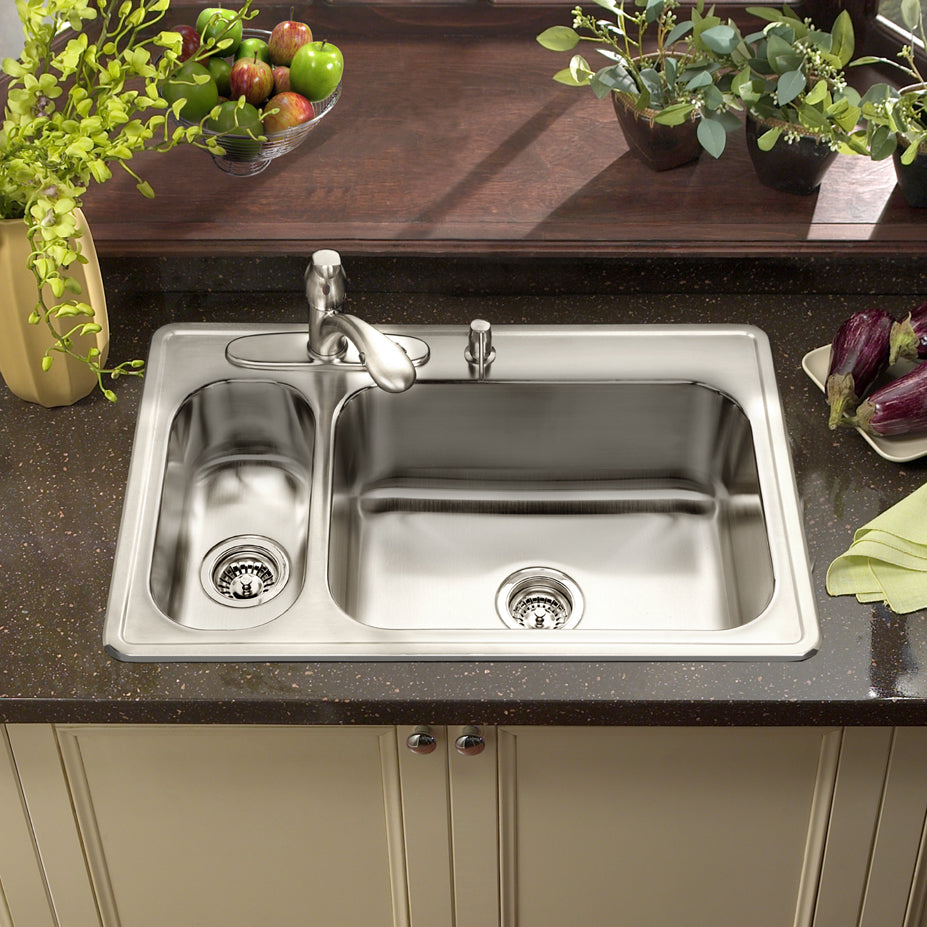 Houzer Legend 33" Stainless Steel Topmount 4-hole 80/20 Small Left Double Bowl Kitchen Sink with Strainer & Grids - 20 Gauge, LHD-3322-C