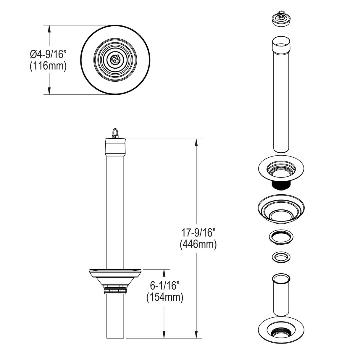 Elkay 3-1/2" Drain with Removable 13" (11-1/2" assembled) Standpipe 13" Rubber Stopper, LK20