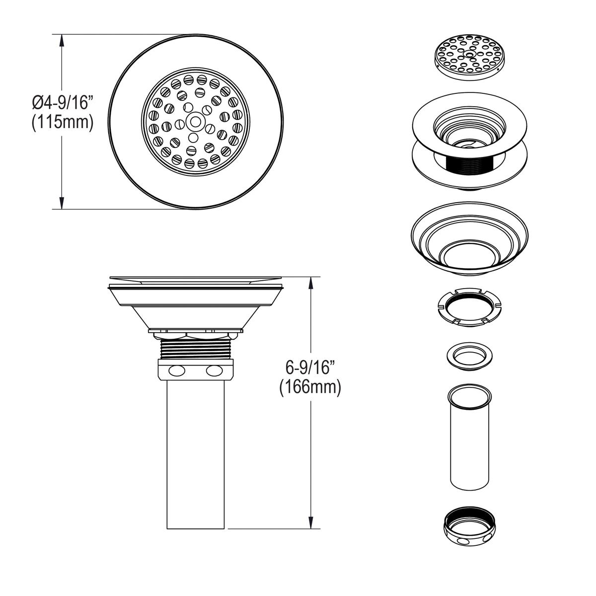 Elkay 3-1/2" Drain Type 316 Stainless Steel Body Strainer and Tailpiece, LK372