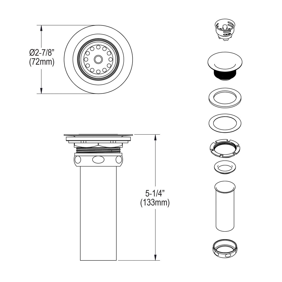 Elkay 2" Drain Fitting Type 304 Stainless Steel Body Stainless Steel Strainer Basket and Rubber Seal, LK58