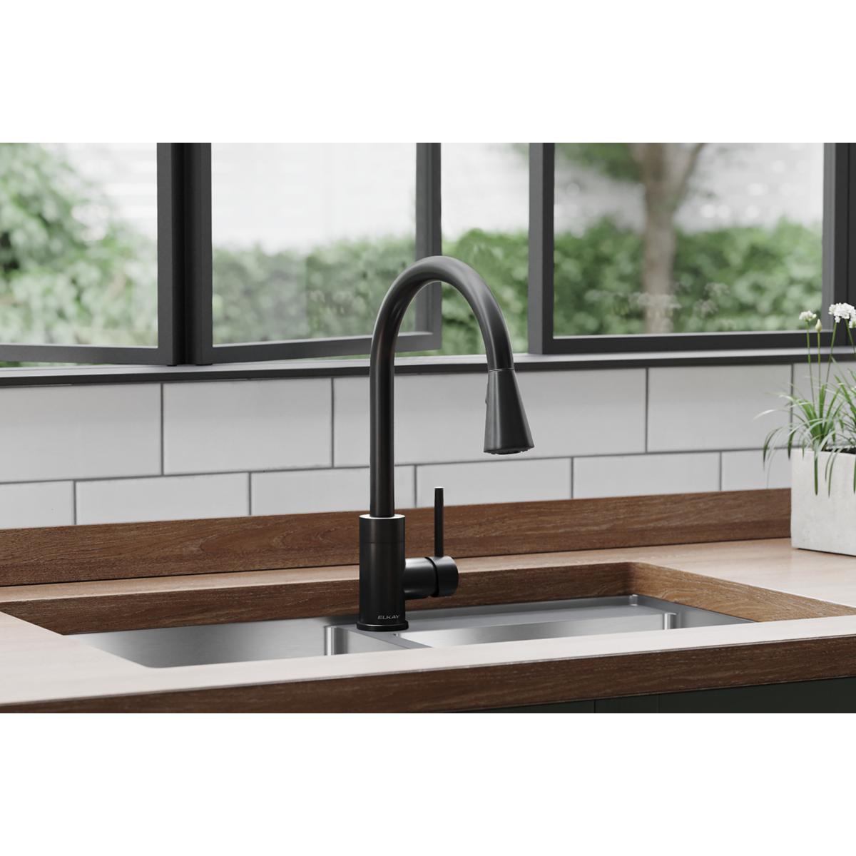 Elkay Avado Forward Only Lever Handle Pull-down Spray Spout Brass ADA Kitchen Faucet, Black Stainless, LKAV3031BK